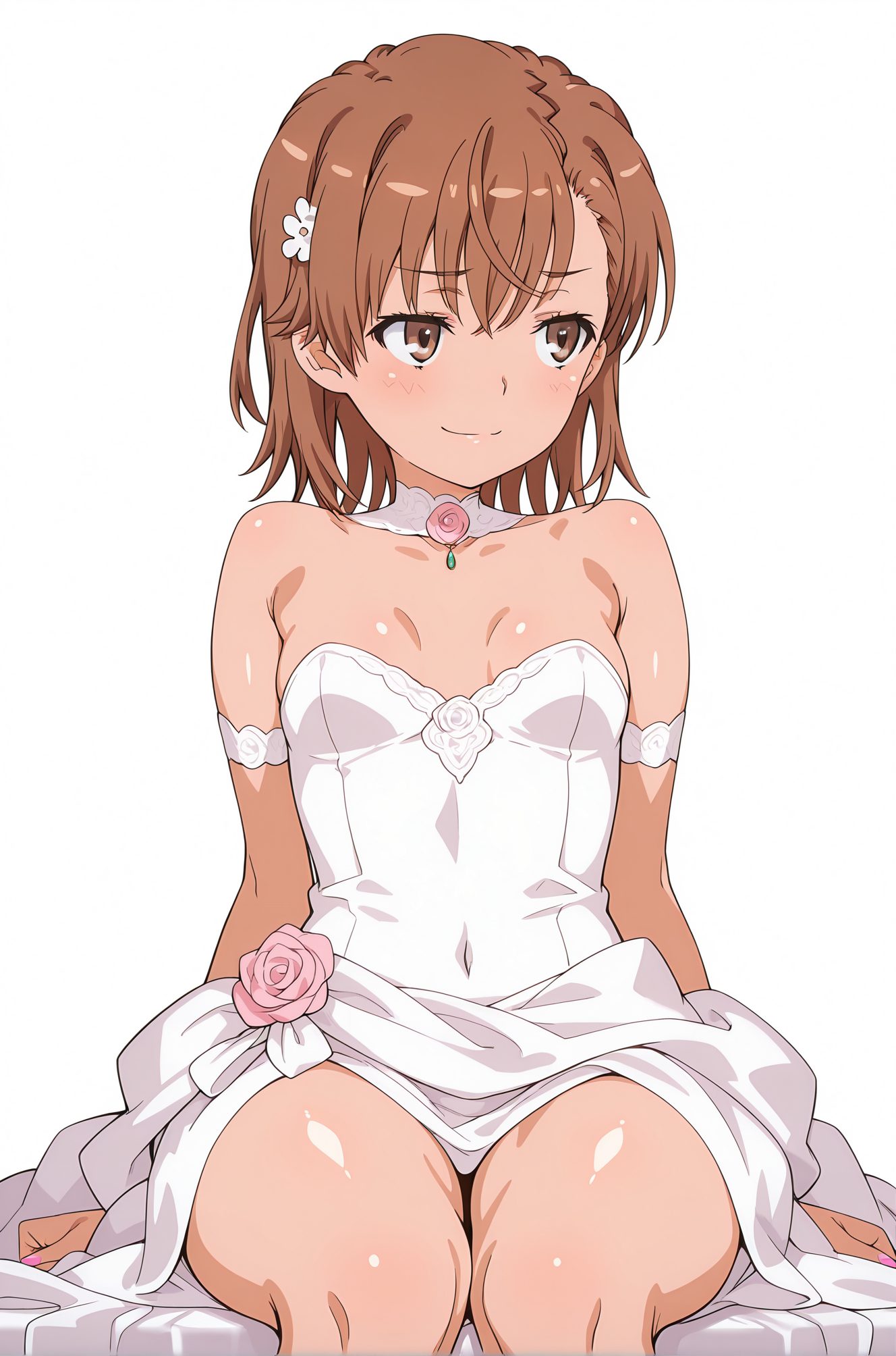 sensitive, 1girl, solo, breasts, blush, smile, short_hair, bangs, simple_background, brown_hair, hair_ornament, white_background, dress, bare_shoulders, brown_eyes, sitting, closed_mouth, collarbone, flower, small_breasts, choker, shiny, hair_flower, white_dress, shiny_skin, looking_to_the_side, strapless, covered_navel, rose, looking_away, strapless_dress, wedding_dress, misaka_mikoto, 赤面, 笑顔, 短い髪, 前髪, 茶髪, 髪飾り, 肩出し, 座り, 口閉じ, 鎖骨, 小さな胸, チョーカー, 光沢, 髪の花, 光沢肌, 御坂美琴