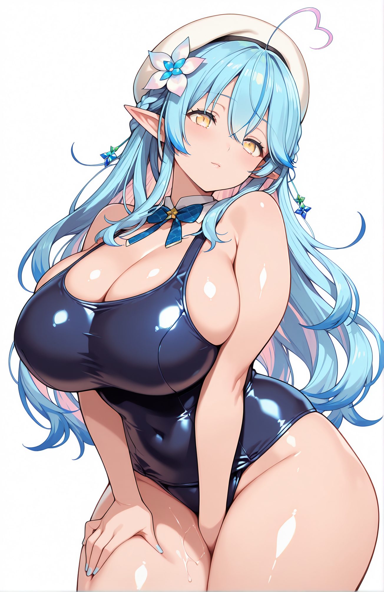 sensitive, 1girl, solo, long_hair, breasts, looking_at_viewer, blush, bangs, large_breasts, simple_background, hair_ornament, hat, white_background, bow, cleavage, hair_between_eyes, bare_shoulders, closed_mouth, blue_hair, swimsuit, yellow_eyes, braid, flower, ahoge, heart, thighs, multicolored_hair, pointy_ears, shiny, virtual_youtuber, hair_flower, bowtie, huge_breasts, streaked_hair, one-piece_swimsuit, shiny_skin, covered_navel, skindentation, detached_collar, beret, white_headwear, thick_thighs, school_swimsuit, elf, curvy, wide_hips, blue_nails, shiny_clothes, blue_one-piece_swimsuit, colored_tips, heart_ahoge, snowflake_hair_ornament, yukihana_lamy, 長い髪, 赤面, 前髪, 大きな胸, 髪飾り, 帽子, ボウ, 目にかかる髪, 肩出し, 口閉じ, 青髪, 水着, アホ毛, 多色髪, 光沢, バーチャルYouTuber, 髪の花, 巨大な胸, ワンピース水着, 光沢肌, ベレー帽, 白頭飾, 学校水着, 雪花ラミィ