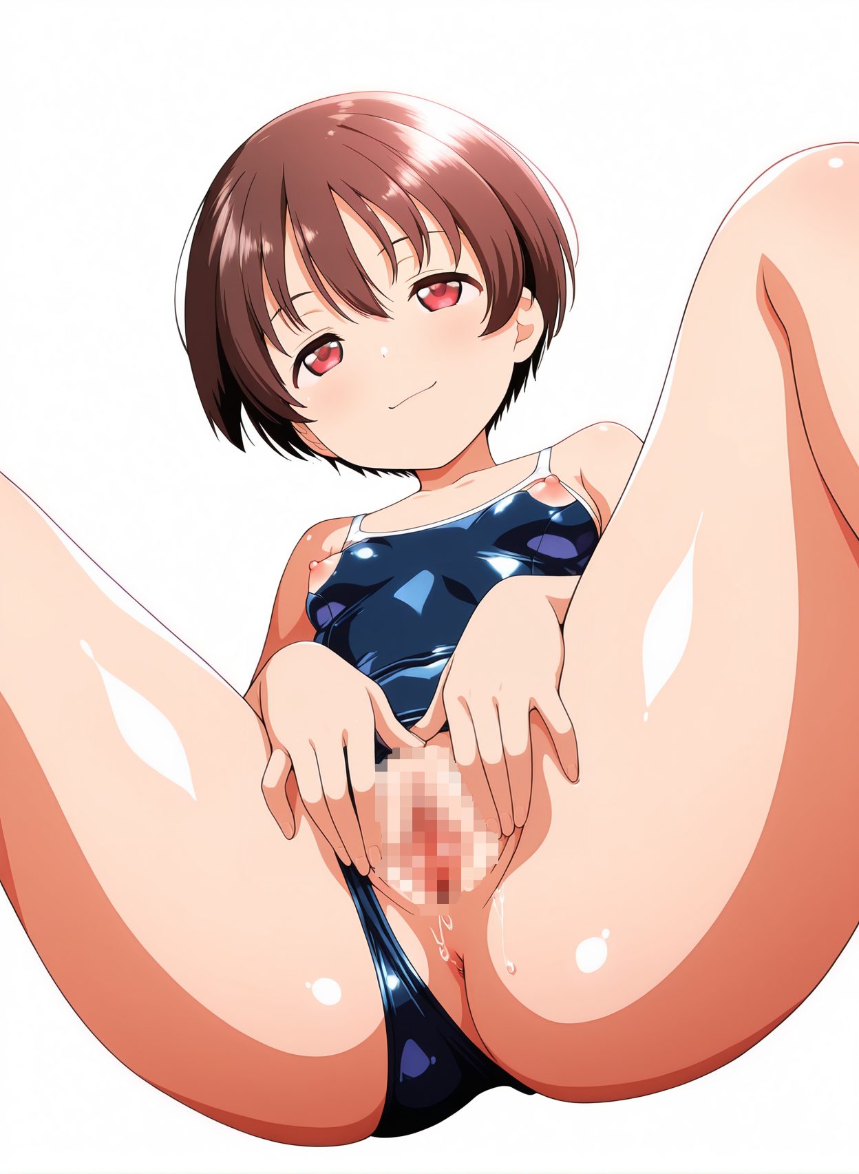 explicit, 1girl, solo, breasts, looking_at_viewer, blush, smile, short_hair, bangs, simple_background, brown_hair, red_eyes, white_background, closed_mouth, nipples, collarbone, swimsuit, ass, small_breasts, pussy, shiny, spread_legs, shiny_hair, one-piece_swimsuit, shiny_skin, uncensored, pussy_juice, anus, school_swimsuit, clothing_aside, spread_pussy, shiny_clothes, blue_one-piece_swimsuit, clitoris, presenting, competition_school_swimsuit, swimsuit_aside, urethra, 赤面, 笑顔, 乳首, 尻, 水着, 愛液, 貧乳, ぱっつん, ワンピース, おまんこ, スクール水着, 短い髪, 前髪, 茶髪, 赤い目, 口閉じ, 鎖骨, 小さな胸, 光沢, 脚開き, ワンピース水着, 光沢肌, 無修正, 学校水着, 衣服ずらし, くぱぁ, おねだりポーズ, 競泳用スクール水着, 水着ずらし, 癒月ちょこ, 宮永咲