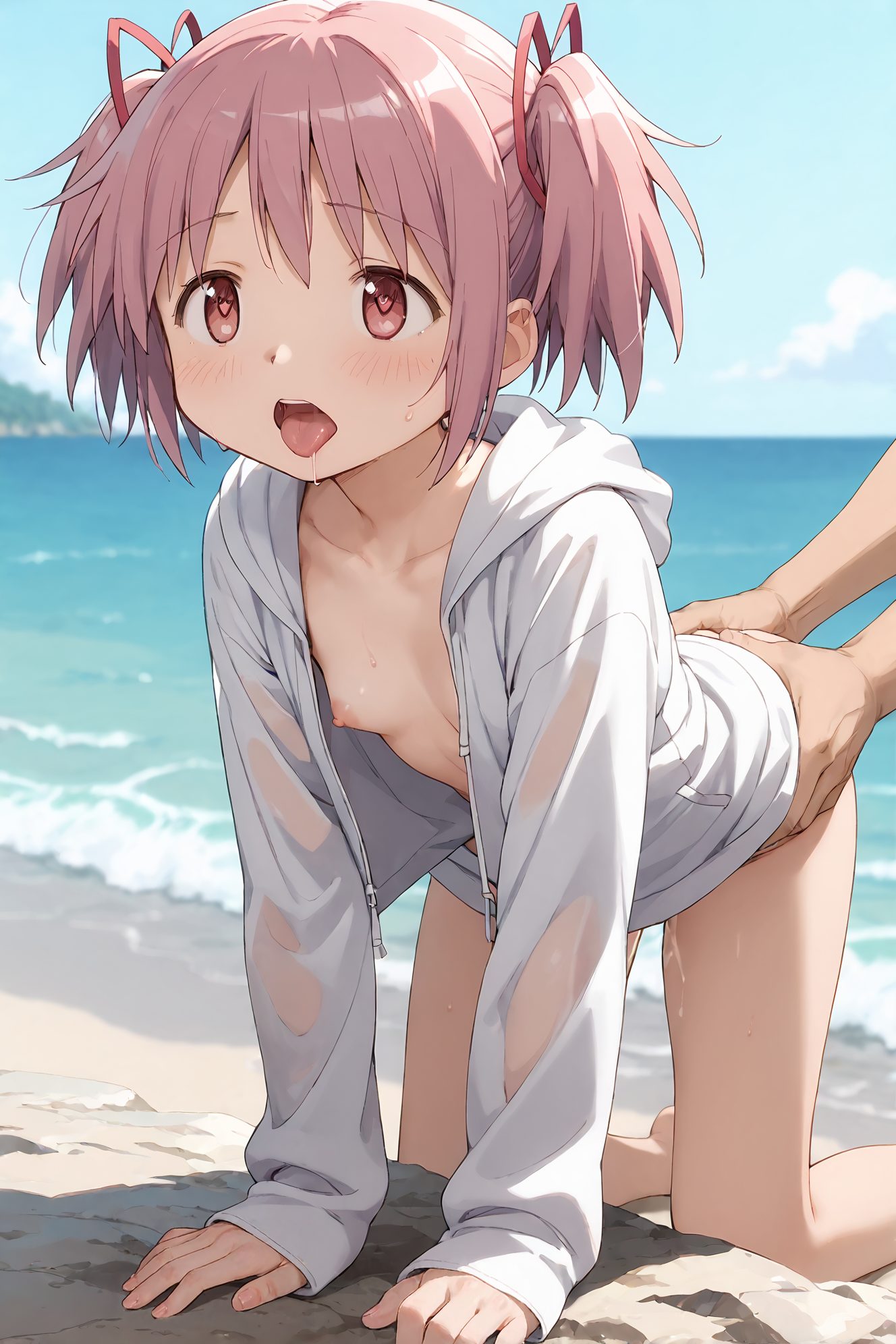 explicit, 1girl, breasts, blush, short_hair, open_mouth, bangs, long_sleeves, 1boy, ribbon, twintails, nipples, collarbone, jacket, hair_ribbon, pink_hair, hetero, heart, small_breasts, outdoors, open_clothes, sky, solo_focus, day, tongue, hood, sex, tongue_out, pink_eyes, water, wet, sleeves_past_wrists, symbol-shaped_pupils, hoodie, ocean, beach, heart-shaped_pupils, hood_down, short_twintails, sex_from_behind, all_fours, doggystyle, ass_grab, white_hoodie, naked_hoodie, kaname_madoka, 赤面, 短い髪, 口開き, 前髪, リボン, ツインテール, 乳首, 鎖骨, 髪リボン, ピンク髪, 小さな胸, 衣服開く, セックス, 舌出し, パーカー, ハート目, ショートツインテール, 後背位, 四つん這い, バック, 鹿目まどか
