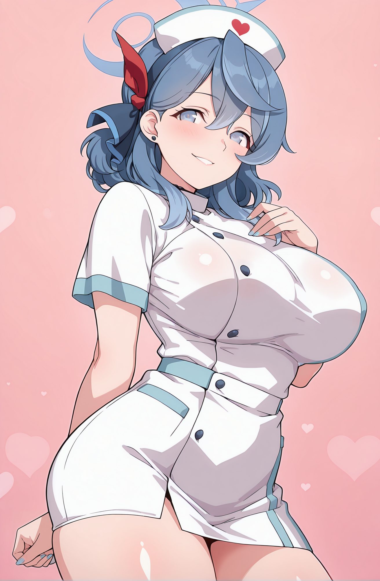 sensitive, 1girl, solo, breasts, looking_at_viewer, blush, smile, bangs, blue_eyes, large_breasts, hat, dress, ribbon, hair_between_eyes, jewelry, blue_hair, hair_ribbon, short_sleeves, heart, thighs, cowboy_shot, earrings, parted_lips, alternate_costume, medium_hair, nail_polish, white_dress, buttons, halo, short_dress, pink_background, blue_nails, nurse_cap, stud_earrings, nurse, ako_(blue_archive), 赤面, 笑顔, 前髪, 青い目, 大きな胸, 帽子, リボン, 目にかかる髪, ジュエリー, 青髪, 髪リボン, イヤリング, アコ（ブルーアーカイブ）