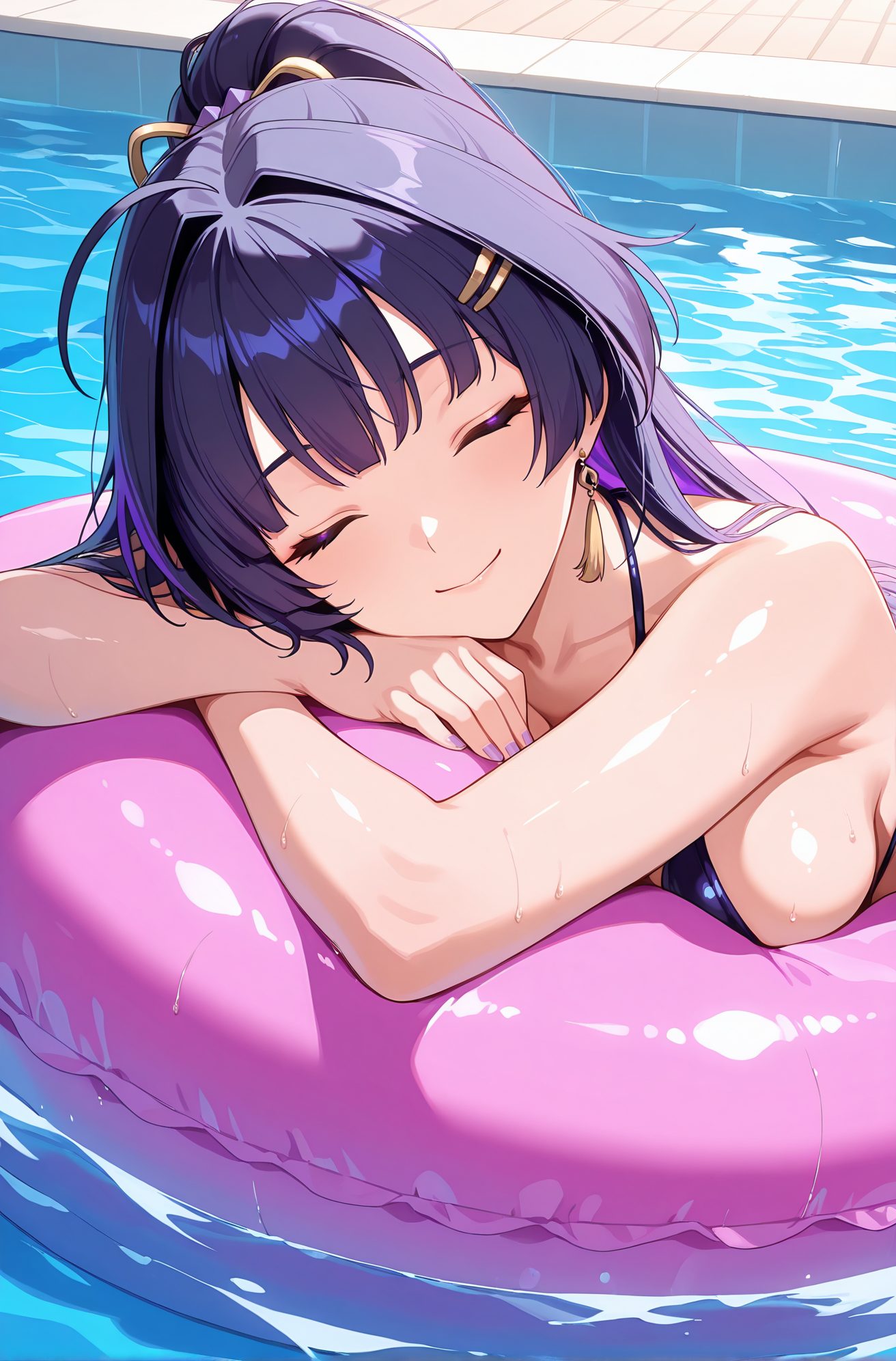 sensitive, 1girl, solo, long_hair, breasts, smile, bangs, large_breasts, hair_ornament, bare_shoulders, jewelry, closed_mouth, swimsuit, closed_eyes, ponytail, purple_hair, bikini, earrings, hairclip, water, nail_polish, wet, innertube, purple_nails, pool, raiden_mei, 長い髪, 笑顔, 前髪, 大きな胸, 髪飾り, 肩出し, ジュエリー, 口閉じ, 水着, ポニーテール, 紫髪, ビキニ, イヤリング, ヘアクリップ, 雷電芽衣, Posted