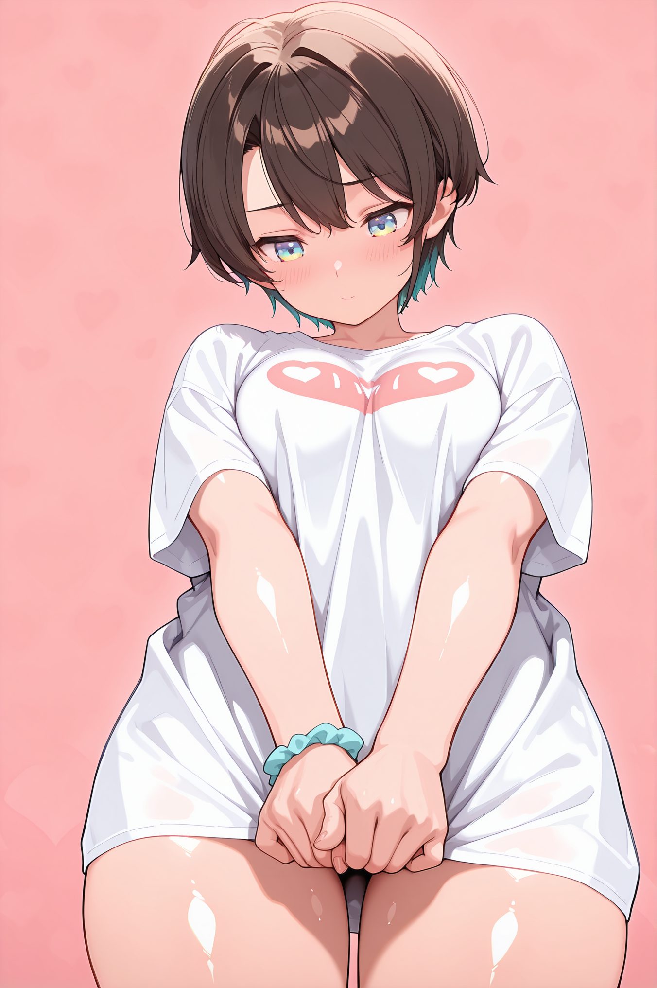 sensitive, 1girl, solo, breasts, blush, short_hair, bangs, blue_eyes, simple_background, brown_hair, shirt, medium_breasts, closed_mouth, white_shirt, short_sleeves, heart, thighs, cowboy_shot, virtual_youtuber, shiny_skin, swept_bangs, looking_down, pink_background, scrunchie, t-shirt, clothes_writing, naked_shirt, wrist_scrunchie, shirt_tug, oozora_subaru, 赤面, 短い髪, 前髪, 青い目, 茶髪, シャツ, 中くらいの胸, 口閉じ, 白シャツ, バーチャルYouTuber, 光沢肌, 大空スバル