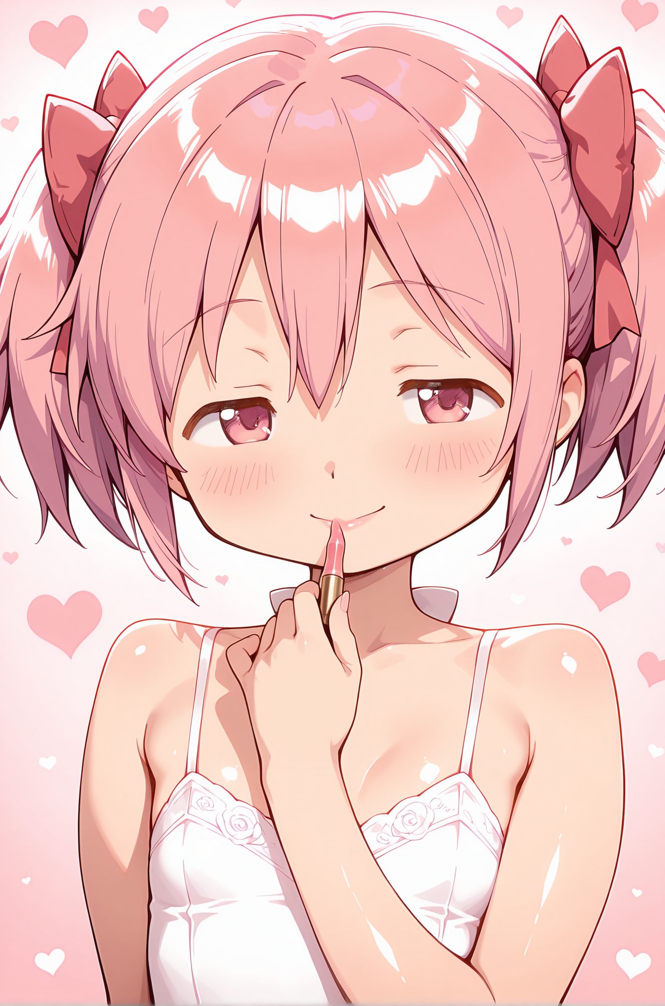 sensitive, 1girl, solo, breasts, looking_at_viewer, blush, smile, short_hair, bangs, bow, ribbon, holding, hair_between_eyes, bare_shoulders, twintails, closed_mouth, collarbone, hair_ribbon, upper_body, pink_hair, hair_bow, heart, small_breasts, shiny, pink_eyes, red_bow, shiny_hair, gradient, shiny_skin, bare_arms, gradient_background, makeup, pink_background, lipstick, short_twintails, heart_background, cosmetics, lipstick_tube, applying_makeup, kaname_madoka, 赤面, 笑顔, 短い髪, 前髪, ボウ, リボン, 目にかかる髪, 肩出し, ツインテール, 口閉じ, 鎖骨, 髪リボン, ピンク髪, 髪ボウ, 小さな胸, 光沢, 赤リボン, 光沢肌, ショートツインテール, 鹿目まどか