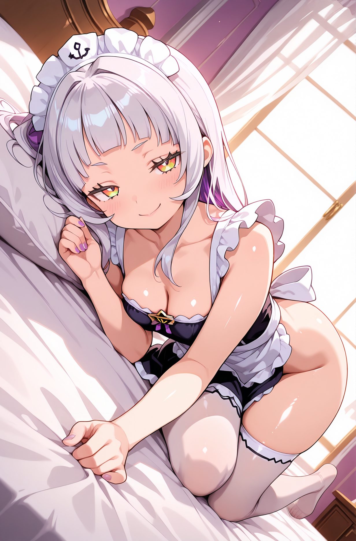 sensitive, questionable, 1girl, solo, long_hair, breasts, looking_at_viewer, blush, smile, bangs, thighhighs, cleavage, bare_shoulders, medium_breasts, closed_mouth, collarbone, yellow_eyes, grey_hair, sidelocks, thighs, small_breasts, lying, frills, alternate_costume, shiny, indoors, virtual_youtuber, blunt_bangs, nail_polish, apron, white_thighhighs, shiny_skin, pillow, maid, maid_headdress, bare_arms, dutch_angle, window, bed, no_panties, bottomless, bed_sheet, on_bed, on_side, no_shoes, sunlight, curtains, waist_apron, white_apron, frilled_apron, enmaided, purple_nails, murasaki_shion, 長い髪, 赤面, 笑顔, 前髪, 太ももハイソックス, 肩出し, 中くらいの胸, 口閉じ, 鎖骨, 灰髪, サイドロック, 小さな胸, 横たわり, 光沢, バーチャルYouTuber, 光沢肌, ノーパン, 下半身裸, 紫咲シオン, ウエストエプロン