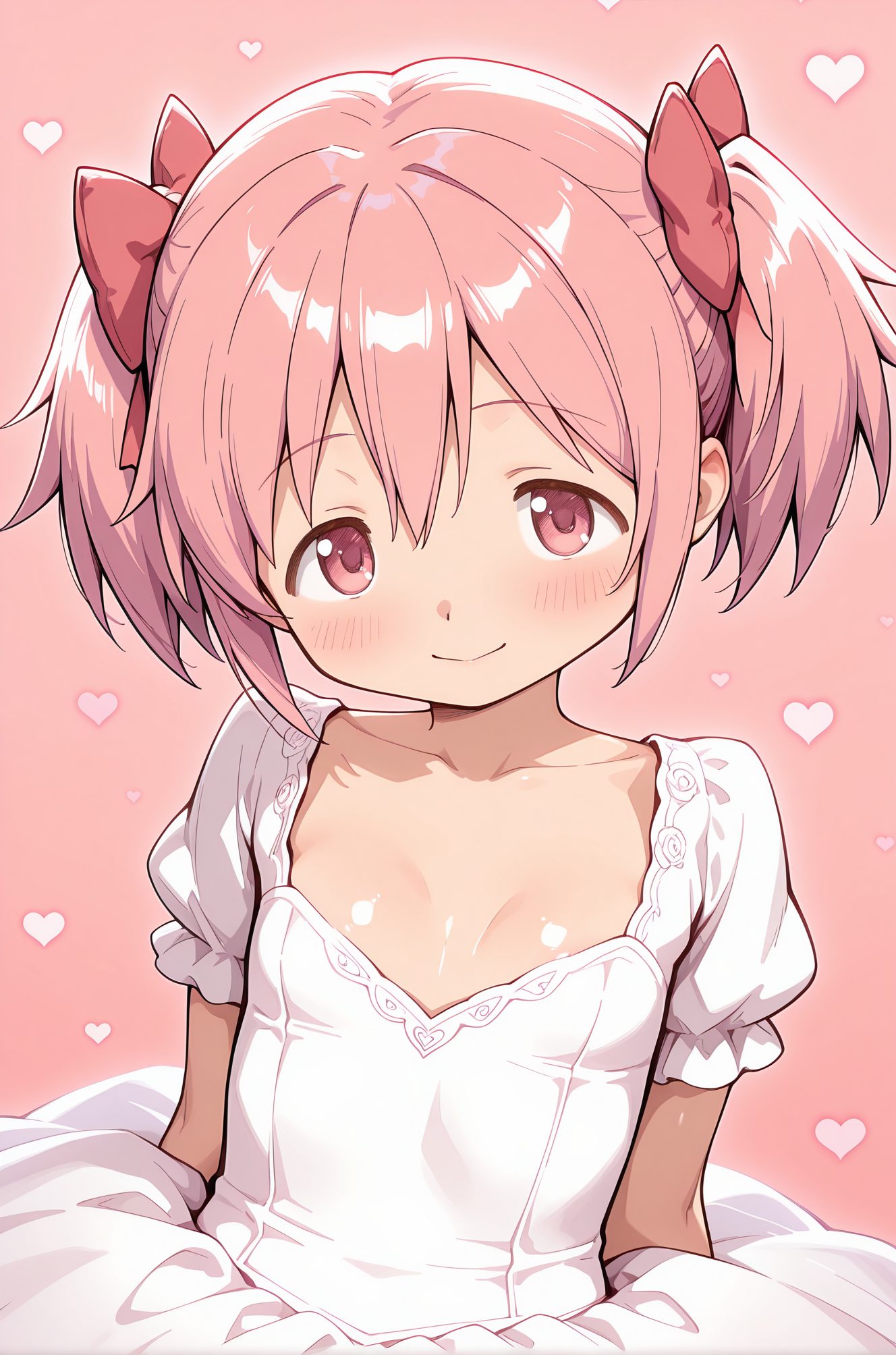 sensitive, 1girl, solo, breasts, looking_at_viewer, blush, smile, short_hair, dress, bow, twintails, closed_mouth, collarbone, upper_body, pink_hair, short_sleeves, hair_bow, heart, small_breasts, puffy_sleeves, shiny, pink_eyes, white_dress, red_bow, pink_background, short_twintails, kaname_madoka, 赤面, 笑顔, 短い髪, ボウ, ツインテール, 口閉じ, 鎖骨, ピンク髪, 髪ボウ, 小さな胸, 光沢, 赤リボン, ショートツインテール, 鹿目まどか, 鹿目まどか_posted