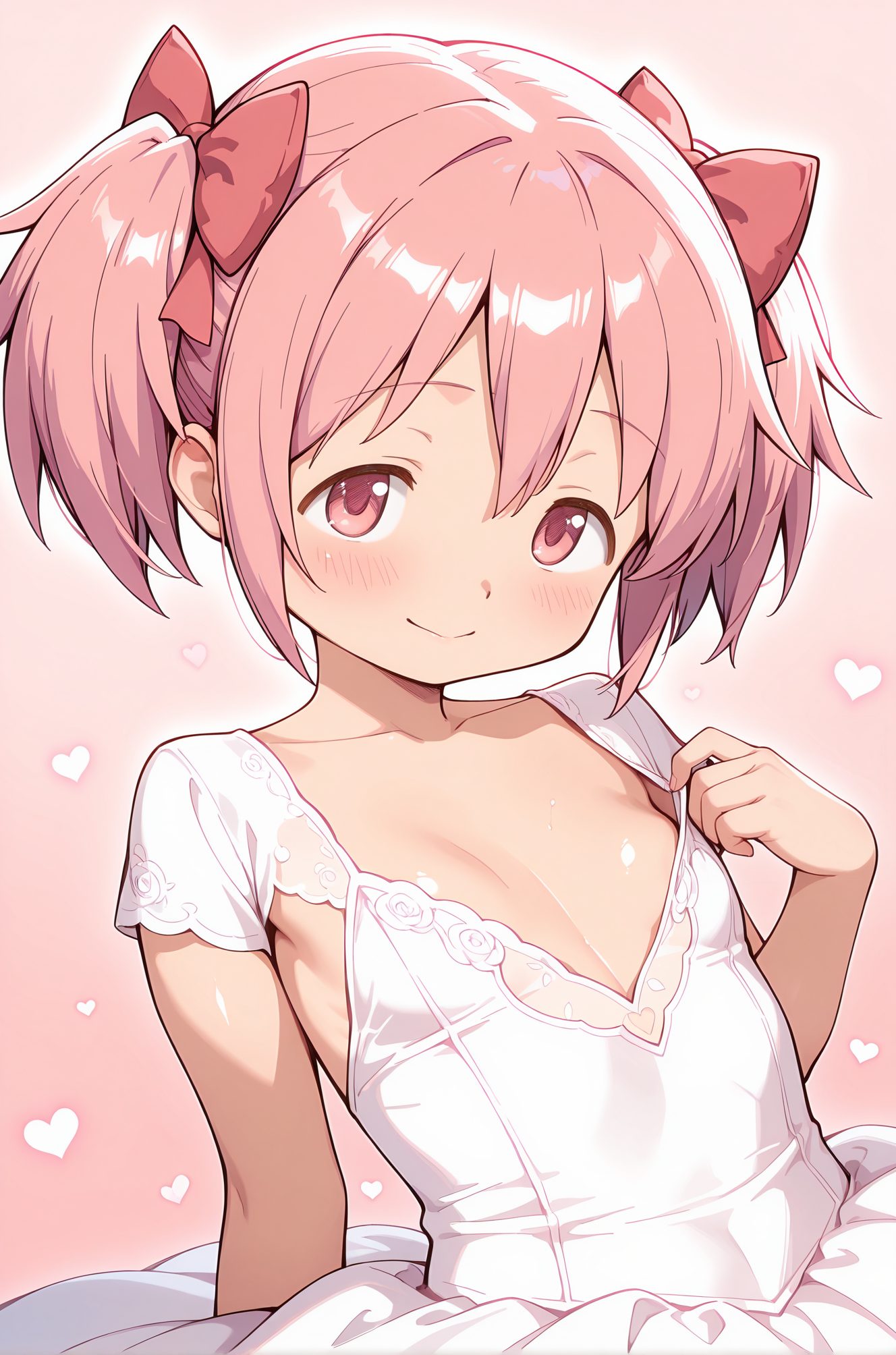 sensitive, 1girl, solo, breasts, looking_at_viewer, blush, smile, short_hair, dress, bow, ribbon, twintails, closed_mouth, collarbone, upper_body, pink_hair, hair_bow, heart, small_breasts, pink_eyes, white_dress, red_bow, pink_background, short_twintails, kaname_madoka, 赤面, 笑顔, 短い髪, ボウ, リボン, ツインテール, 口閉じ, 鎖骨, ピンク髪, 髪ボウ, 小さな胸, 赤リボン, ショートツインテール, 鹿目まどか, 鹿目まどか_posted