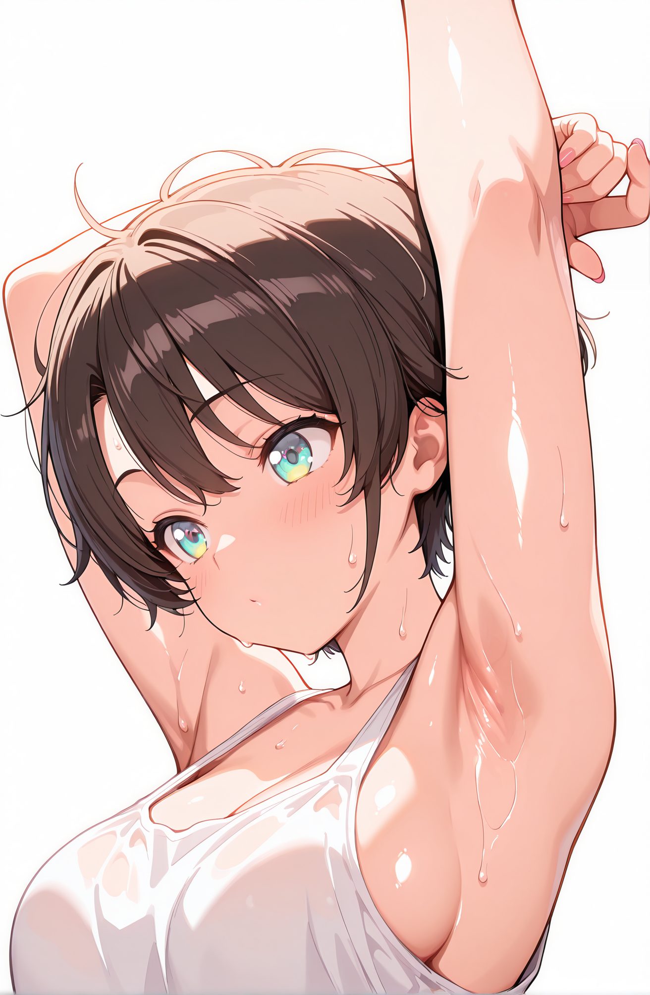 sensitive, 1girl, solo, breasts, blush, short_hair, bangs, large_breasts, simple_background, brown_hair, shirt, white_background, cleavage, white_shirt, upper_body, sweat, virtual_youtuber, armpits, arms_up, aqua_eyes, wet, see-through, sideboob, swept_bangs, tank_top, wet_clothes, pink_nails, white_tank_top, oozora_subaru, 赤面, 短い髪, 前髪, 大きな胸, 茶髪, シャツ, 白シャツ, 汗, バーチャルYouTuber, タンクトップ, 大空スバル