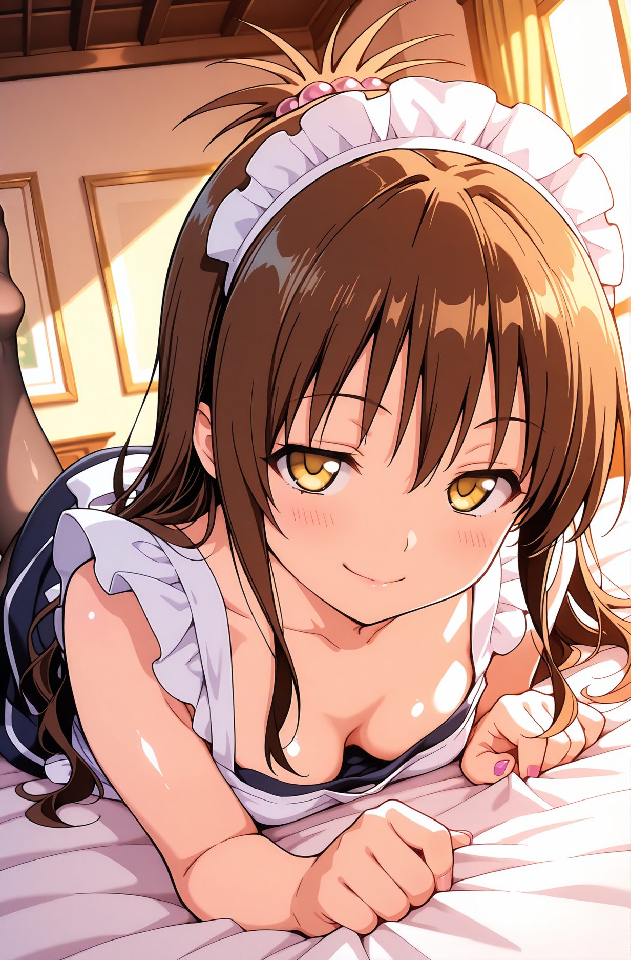 sensitive, 1girl, solo, long_hair, breasts, looking_at_viewer, blush, smile, bangs, skirt, brown_hair, hair_ornament, cleavage, closed_mouth, collarbone, yellow_eyes, pantyhose, small_breasts, lying, sleeveless, indoors, nail_polish, apron, maid, maid_headdress, window, bed_sheet, on_bed, on_stomach, downblouse, yuuki_mikan, 長い髪, 赤面, 笑顔, 前髪, スカート, 茶髪, 髪飾り, 口閉じ, 鎖骨, パンスト, 小さな胸, 横たわり, 結城美柑