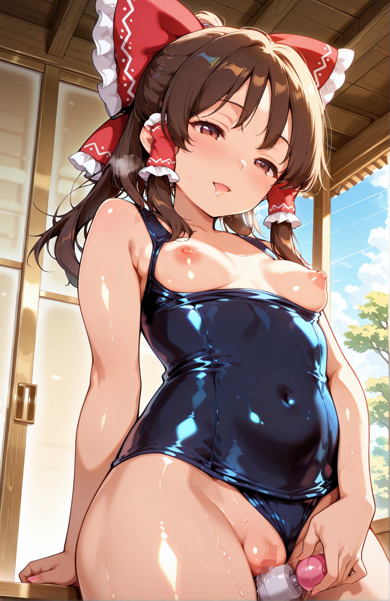 explicit, 1girl, solo, long_hair, breasts, blush, smile, open_mouth, bangs, brown_hair, bow, bare_shoulders, brown_eyes, nipples, swimsuit, hair_bow, sidelocks, cowboy_shot, small_breasts, pussy, shiny, indoors, red_bow, wet, one-piece_swimsuit, bare_arms, uncensored, covered_navel, pussy_juice, hair_tubes, clothes_pull, school_swimsuit, breasts_out, sex_toy, clothing_aside, masturbation, female_masturbation, blue_one-piece_swimsuit, vibrator, frilled_bow, swimsuit_aside, hakurei_reimu, 長い髪, 赤面, 笑顔, 口開き, 前髪, 茶髪, ボウ, 肩出し, 乳首, 水着, 髪ボウ, サイドロック, 小さな胸, 光沢, 赤リボン, ワンピース水着, 無修正, 愛液, 学校水着, 胸出し, 衣服ずらし, オナニー, 女性オナニー, 水着ずらし, 博麗霊夢