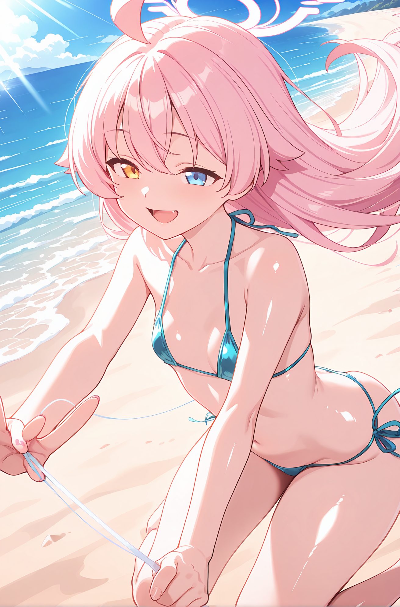 sensitive, 1girl, solo, long_hair, breasts, looking_at_viewer, smile, open_mouth, bangs, blue_eyes, navel, bare_shoulders, collarbone, swimsuit, yellow_eyes, pink_hair, ahoge, :d, bikini, small_breasts, outdoors, sky, day, fang, cloud, water, stomach, blue_sky, bare_arms, floating_hair, side-tie_bikini_bottom, ocean, heterochromia, halterneck, halo, beach, string_bikini, blue_bikini, sand, horizon, hoshino_(blue_archive), 長い髪, 笑顔, 口開き, 前髪, 青い目, 肩出し, 鎖骨, 水着, ピンク髪, アホ毛, ビキニ, 小さな胸, ストリングビキニ, ホシノ（ブルーアーカイブ）