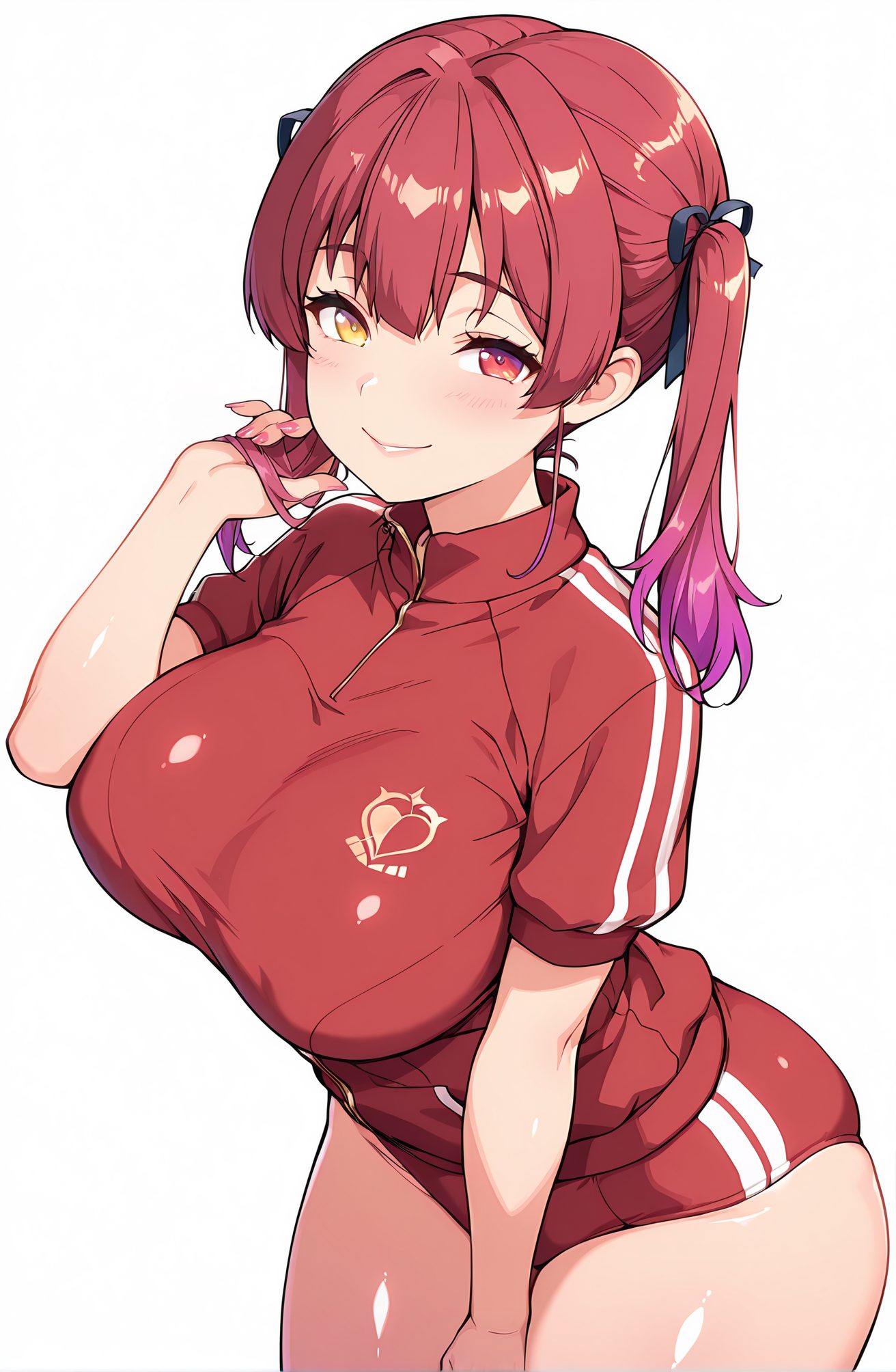 sensitive, 1girl, solo, long_hair, breasts, looking_at_viewer, blush, smile, bangs, large_breasts, simple_background, red_eyes, white_background, ribbon, twintails, jacket, hair_ribbon, yellow_eyes, short_sleeves, thighs, red_hair, shiny, virtual_youtuber, hand_up, black_ribbon, leaning_forward, heterochromia, red_jacket, gym_uniform, buruma, red_buruma, houshou_marine, 長い髪, 赤面, 笑顔, 前髪, 大きな胸, 赤い目, リボン, ツインテール, 髪リボン, 赤髪, 光沢, バーチャルYouTuber, 体操服, ブルマ, 宝鐘マリン