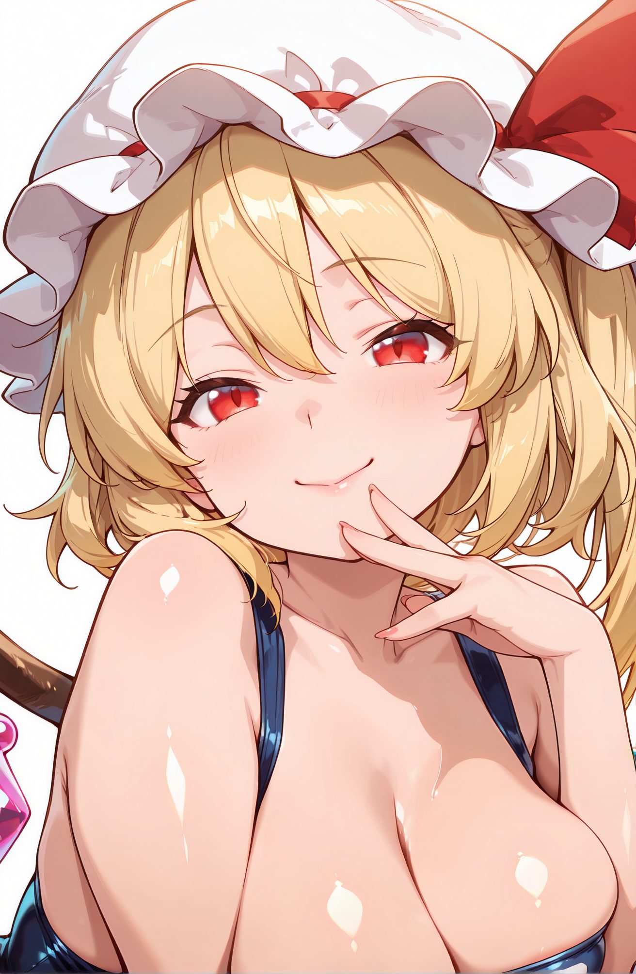 sensitive, 1girl, solo, breasts, looking_at_viewer, blush, smile, short_hair, bangs, blonde_hair, large_breasts, simple_background, red_eyes, hat, white_background, ribbon, cleavage, hair_between_eyes, bare_shoulders, closed_mouth, collarbone, swimsuit, upper_body, wings, shiny, hand_up, red_ribbon, lips, one-piece_swimsuit, shiny_skin, white_headwear, one_side_up, school_swimsuit, mob_cap, hat_ribbon, alternate_breast_size, aged_up, blue_one-piece_swimsuit, crystal, flandre_scarlet, 赤面, 笑顔, 短い髪, 前髪, 金髪, 大きな胸, 赤い目, 帽子, リボン, 目にかかる髪, 肩出し, 口閉じ, 鎖骨, 水着, 光沢, 赤リボン, ワンピース水着, 光沢肌, 白頭飾, 片側アップ, 学校水着, モブキャップ, 帽子リボン, フランドール・スカーレット