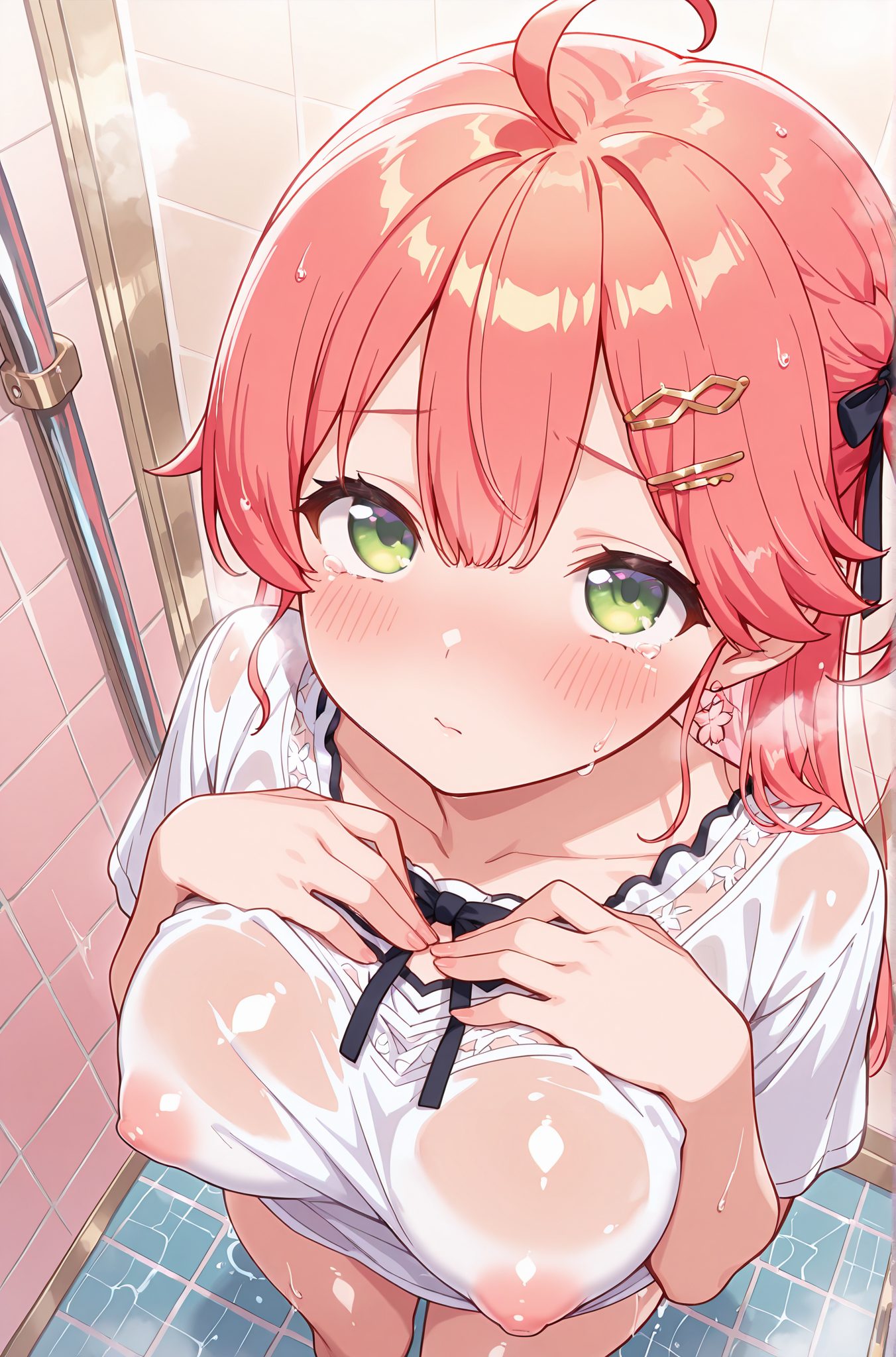 questionable, 1girl, solo, long_hair, breasts, looking_at_viewer, blush, bangs, large_breasts, shirt, hair_ornament, ribbon, hair_between_eyes, jewelry, closed_mouth, nipples, green_eyes, collarbone, hair_ribbon, white_shirt, pink_hair, ahoge, earrings, hairclip, virtual_youtuber, tears, covered_nipples, wet, see-through, black_ribbon, one_side_up, from_above, wet_clothes, tiles, hands_on_own_chest, breast_suppress, sakura_miko, 長い髪, 赤面, 前髪, 大きな胸, シャツ, 髪飾り, リボン, 目にかかる髪, ジュエリー, 口閉じ, 乳首, 緑の目, 鎖骨, 髪リボン, 白シャツ, ピンク髪, アホ毛, イヤリング, ヘアクリップ, バーチャルYouTuber, 涙, 片側アップ, さくらみこ