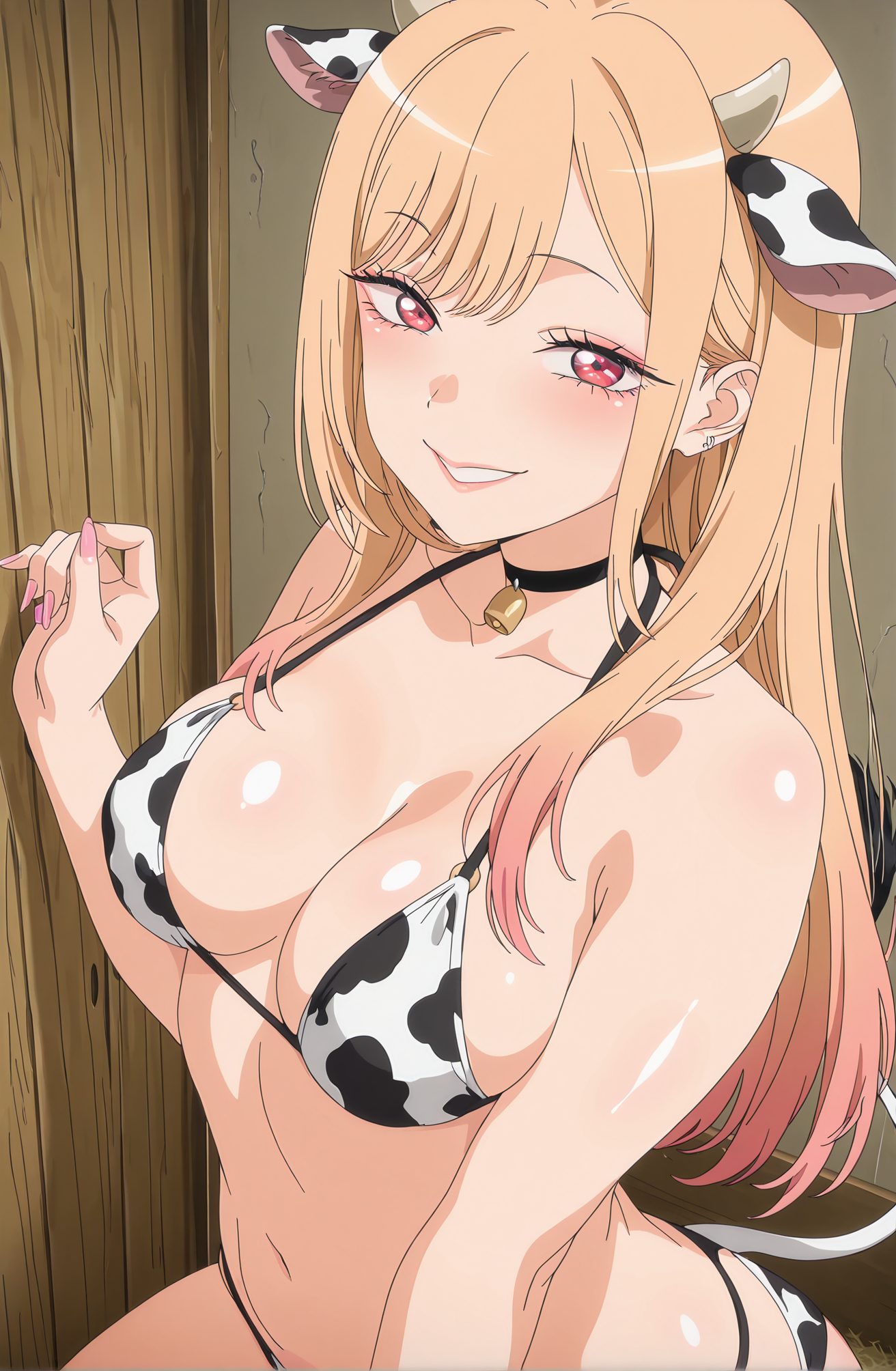 sensitive, 1girl, solo, long_hair, breasts, looking_at_viewer, blush, smile, bangs, blonde_hair, large_breasts, red_eyes, navel, animal_ears, cleavage, jewelry, medium_breasts, collarbone, tail, swimsuit, pink_hair, bikini, multicolored_hair, earrings, horns, choker, hand_up, nail_polish, grin, bell, gradient_hair, fake_animal_ears, black_choker, piercing, animal_print, ear_piercing, neck_bell, pink_nails, cow_print, cow_ears, cow_horns, cowbell, gyaru, print_bikini, cow_tail, colored_tips, kitagawa_marin, 長い髪, 赤面, 笑顔, 前髪, 金髪, 大きな胸, 赤い目, 動物耳, ジュエリー, 中くらいの胸, 鎖骨, 水着, ピンク髪, ビキニ, 多色髪, イヤリング, チョーカー, 偽動物耳, 黒チョーカー, 牛柄, 喜多川海夢