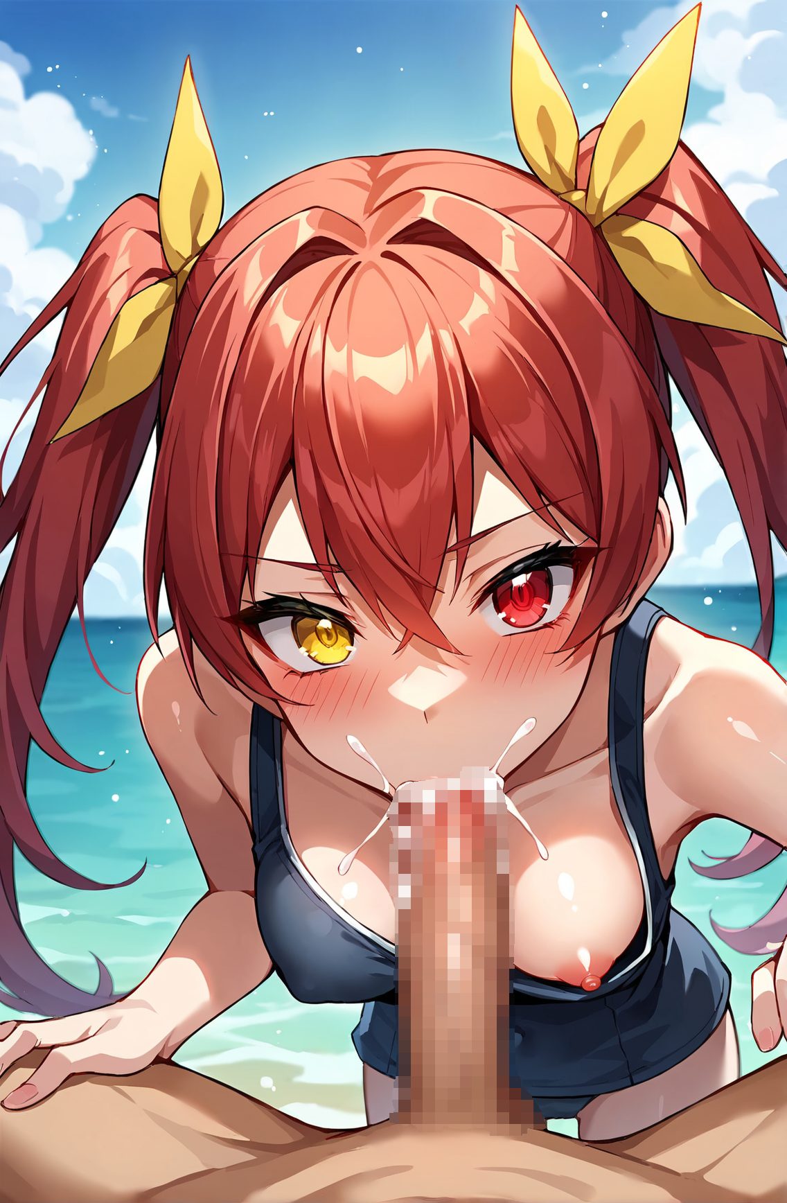 1girl, breasts, 1boy, hetero, cum, heterochromia, penis, cum in mouth, fellatio, oral, swimsuit, red eyes, twintails, red hair, nipples, yellow eyes, long hair, houshou marine, one-piece swimsuit, outdoors, looking at viewer, pov, blush, solo focus, virtual youtuber, uncensored, ribbon, sky, day, bangs, cloud, ocean, hair ribbon, yellow ribbon, yellow bow, hair between eyes, school swimsuit, beach, collarbone, 赤面, 乳首, ツインテール, 赤髪, 水着, 赤目, ちんこ, スクール水着, ロングヘア, ぱっつん, ワンピース, フェラ, ザーメン, ホロライブ, 宝鐘マリン, 精液, 口内射精, フェラチオ, オーラル, 赤い目, 長い髪, ワンピース水着, バーチャルYouTuber, 無修正, リボン, 前髪, 髪リボン, 目にかかる髪, 学校水着, 鎖骨