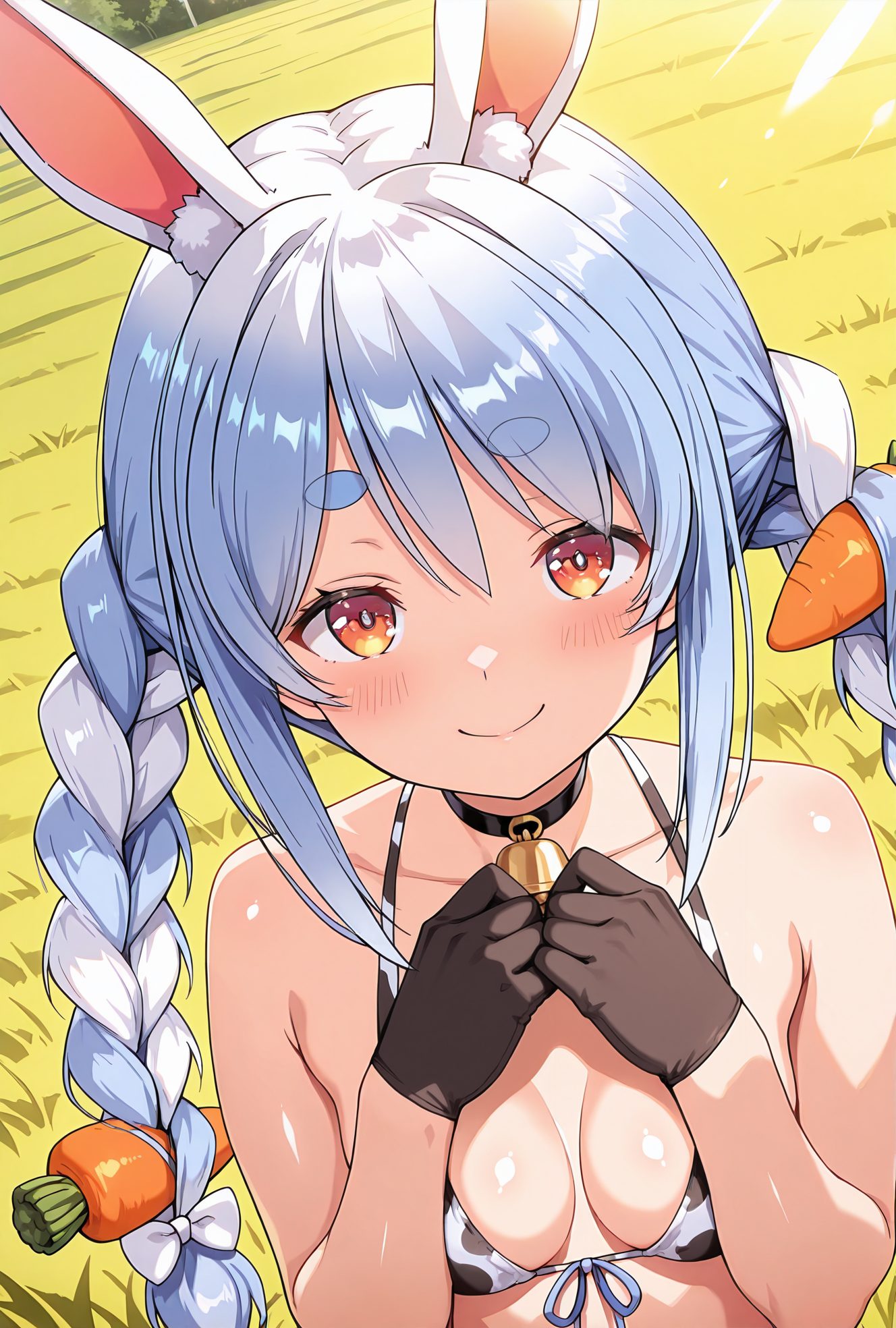 sensitive, 1girl, solo, long_hair, breasts, looking_at_viewer, blush, smile, bangs, hair_ornament, gloves, animal_ears, bare_shoulders, twintails, closed_mouth, blue_hair, collarbone, swimsuit, upper_body, braid, white_hair, hair_bow, bikini, multicolored_hair, small_breasts, outdoors, choker, black_gloves, virtual_youtuber, rabbit_ears, twin_braids, collar, two-tone_hair, orange_eyes, animal_ear_fluff, symbol-shaped_pupils, bell, black_choker, white_bikini, thick_eyebrows, grass, animal_print, front-tie_top, neck_bell, rabbit_girl, cow_print, food-themed_hair_ornament, hands_on_own_chest, black_collar, print_bikini, carrot_hair_ornament, bunny-shaped_pupils, brown_collar, usada_pekora, 長い髪, 赤面, 笑顔, 前髪, 髪飾り, 手袋, 動物耳, 肩出し, ツインテール, 口閉じ, 青髪, 鎖骨, 水着, 白髪, 髪ボウ, ビキニ, 多色髪, 小さな胸, チョーカー, 黒手袋, バーチャルYouTuber, うさ耳, ツインブレイド, 黒チョーカー, フロントタイトップ, 牛柄, 兎田ぺこら