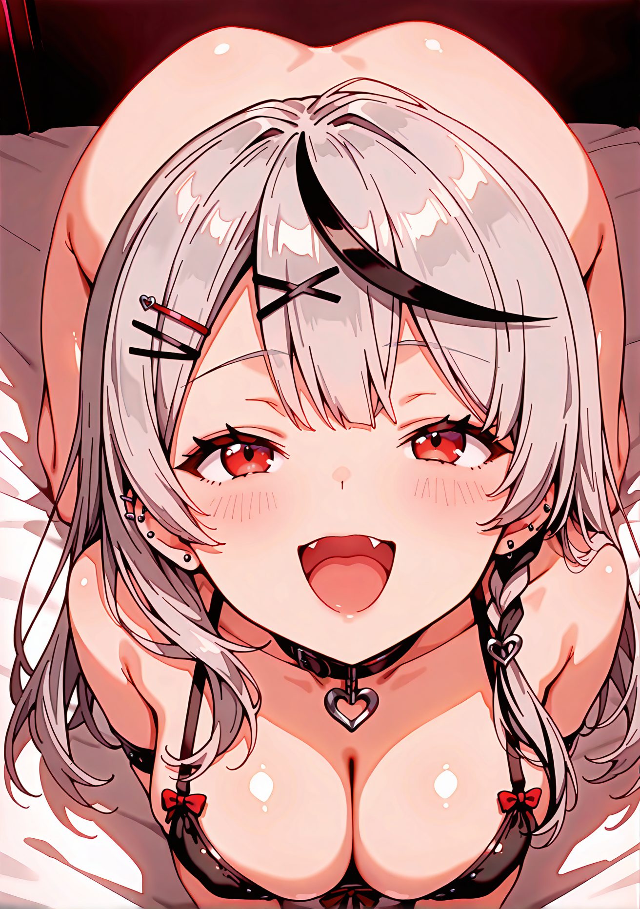 questionable, 1girl, solo, long_hair, breasts, looking_at_viewer, blush, smile, open_mouth, bangs, large_breasts, black_hair, hair_ornament, red_eyes, cleavage, jewelry, underwear, ass, braid, :d, grey_hair, heart, multicolored_hair, earrings, hairclip, shiny, virtual_youtuber, bra, collar, streaked_hair, shiny_skin, bottomless, on_bed, fangs, piercing, x_hair_ornament, all_fours, black_bra, ear_piercing, black_collar, sakamata_chloe, ブラジャー, 下着, 尻, 八重歯, ボトムレス, バーチャルYouTuber, 巨乳, 露出, 胸チラ, ぱっつん, 下脱ぎ, 長い髪, 赤面, 笑顔, 口開き, 前髪, 大きな胸, 黒髪, 髪飾り, 赤い目, ジュエリー, 灰髪, 多色髪, イヤリング, ヘアクリップ, 光沢, ブラ, 光沢肌, 下半身裸, 四つん這い, 沙花叉クロヱ, ok