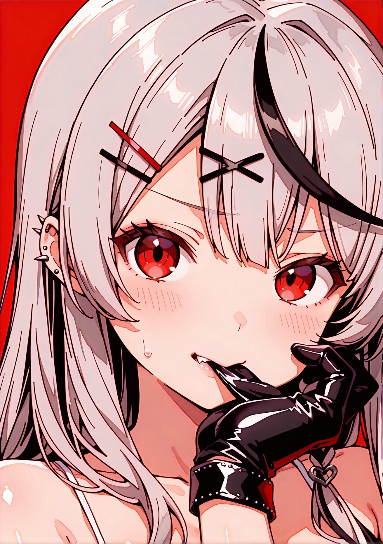 sensitive, 1girl, solo, long_hair, looking_at_viewer, blush, bangs, simple_background, black_hair, hair_ornament, red_eyes, gloves, bare_shoulders, collarbone, grey_hair, multicolored_hair, black_gloves, hairclip, fang, virtual_youtuber, streaked_hair, piercing, x_hair_ornament, ear_piercing, portrait, red_background, biting, glove_biting, sakamata_chloe, 長い髪, 赤面, 前髪, 黒髪, 髪飾り, 赤い目, 手袋, 肩出し, 鎖骨, 灰髪, 多色髪, 黒手袋, ヘアクリップ, バーチャルYouTuber, 沙花叉クロヱ, ok