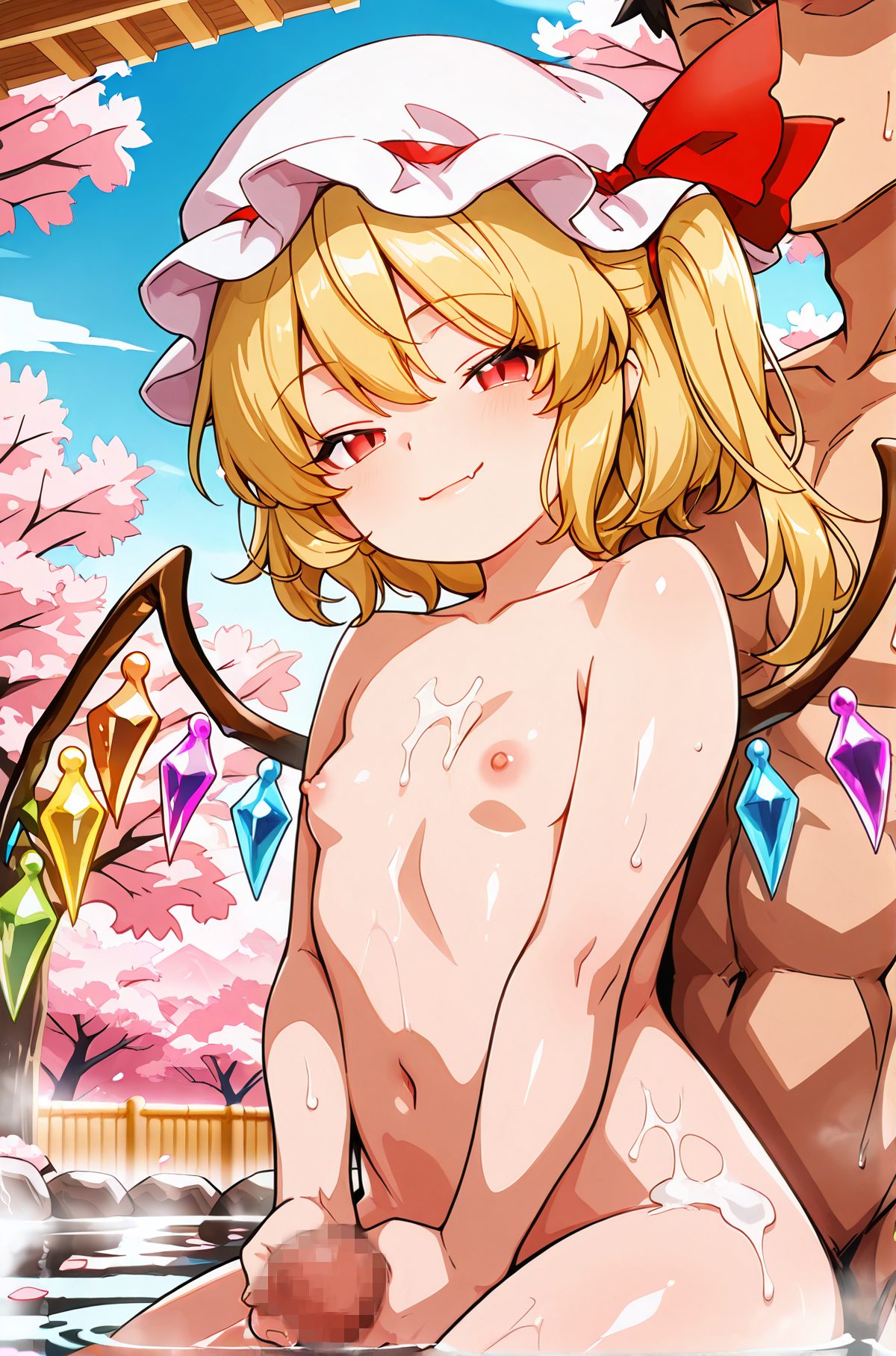 explicit, 1girl, breasts, looking_at_viewer, blush, smile, short_hair, bangs, blonde_hair, black_hair, red_eyes, 1boy, hat, ribbon, navel, closed_mouth, nipples, hetero, nude, small_breasts, outdoors, wings, sky, penis, solo_focus, day, fang, cum, water, red_ribbon, tree, blue_sky, wet, petals, loli, completely_nude, uncensored, white_headwear, one_side_up, cum_on_body, mob_cap, hat_ribbon, slit_pupils, cherry_blossoms, faceless, handjob, partially_submerged, faceless_male, crystal, sitting_on_person, onsen, fang_out, mixed_bathing, flandre_scarlet, 赤面, 笑顔, 短い髪, 前髪, 金髪, 黒髪, 赤い目, 帽子, リボン, 口閉じ, 乳首, 裸, 小さな胸, 精液, 赤リボン, ロリ, 完全裸, 無修正, 白頭飾, 片側アップ, ぶっかけ（体）, モブキャップ, 帽子リボン, 手コキ, 混浴, フランドール・スカーレット, フランドール_posted