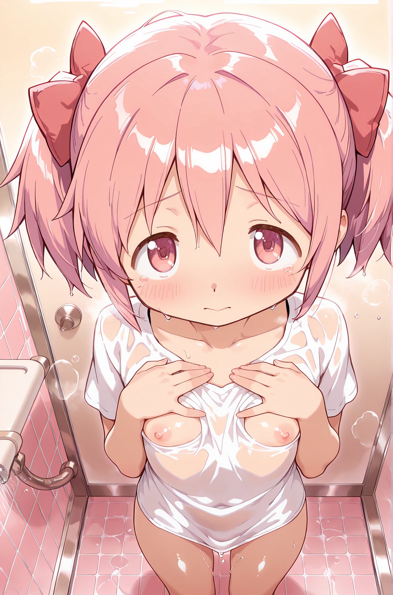 questionable, 1girl, solo, breasts, looking_at_viewer, blush, short_hair, shirt, bow, twintails, closed_mouth, nipples, standing, collarbone, white_shirt, pink_hair, hair_bow, small_breasts, tears, pink_eyes, red_bow, wet, see-through, loli, bottomless, from_above, short_twintails, wet_clothes, tiles, hands_on_own_chest, naked_shirt, wet_shirt, tile_floor, bathroom, kaname_madoka, 赤面, 短い髪, シャツ, ボウ, ツインテール, 口閉じ, 乳首, 鎖骨, 白シャツ, ピンク髪, 髪ボウ, 小さな胸, 涙, 赤リボン, ロリ, 下半身裸, ショートツインテール, 鹿目まどか