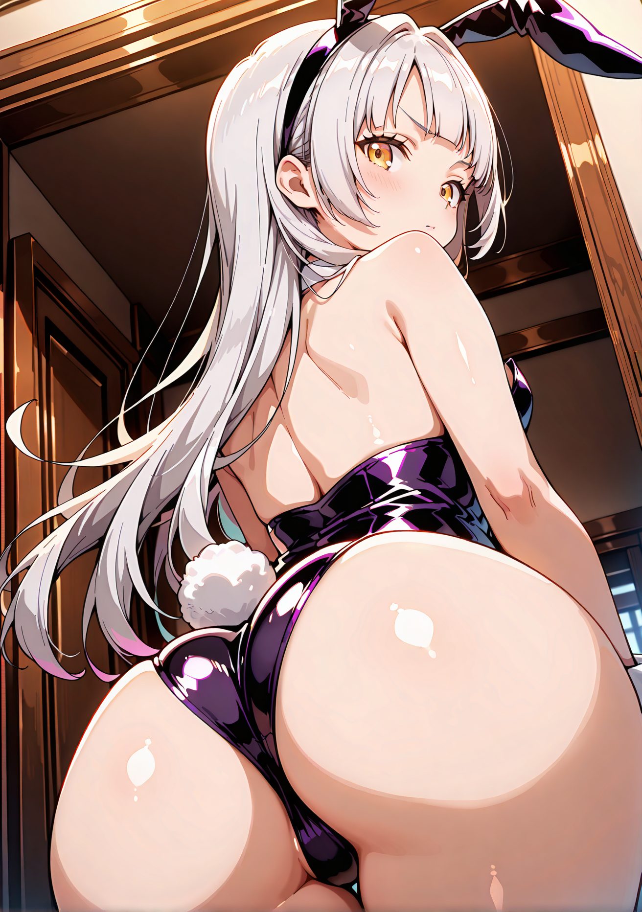 questionable, 1girl, solo, long_hair, breasts, looking_at_viewer, blush, bangs, animal_ears, bare_shoulders, closed_mouth, tail, yellow_eyes, ass, white_hair, grey_hair, thighs, hairband, shiny, looking_back, indoors, virtual_youtuber, blunt_bangs, from_behind, rabbit_ears, leotard, shiny_skin, bare_legs, strapless, leaning_forward, detached_collar, fake_animal_ears, back, thigh_gap, playboy_bunny, from_below, rabbit_tail, black_leotard, strapless_leotard, fake_tail, ass_focus, shoulder_blades, murasaki_shion, 長い髪, 赤面, 前髪, 動物耳, 肩出し, 口閉じ, 白髪, 灰髪, ヘアバンド, 光沢, バーチャルYouTuber, うさ耳, レオタード, 光沢肌, 偽動物耳, プレイボーイバニー, 黒レオタード, ストラップレスレオタード, 紫咲シオン, Posted, バニーガール_posted