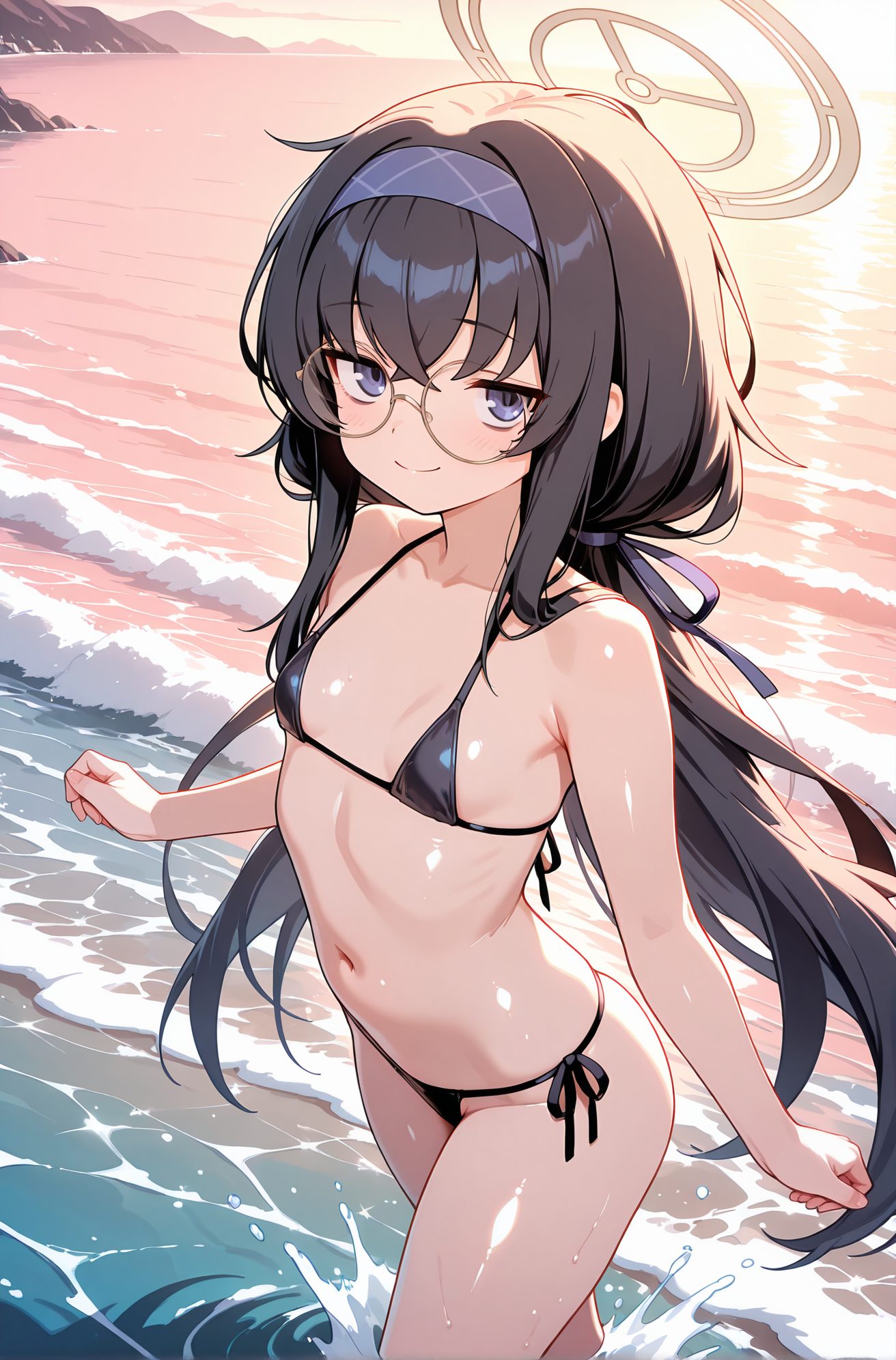 sensitive, 1girl, solo, long_hair, breasts, looking_at_viewer, blush, smile, bangs, blue_eyes, black_hair, ribbon, navel, bare_shoulders, twintails, very_long_hair, closed_mouth, collarbone, swimsuit, hair_ribbon, bikini, hairband, small_breasts, outdoors, glasses, water, stomach, bare_arms, black_bikini, side-tie_bikini_bottom, ocean, low_twintails, halo, beach, string_bikini, micro_bikini, wading, round_eyewear, bags_under_eyes, blue_hairband, purple_hairband, ui_(blue_archive), 長い髪, 赤面, 笑顔, 前髪, 青い目, 黒髪, リボン, 肩出し, ツインテール, とても長い髪, 口閉じ, 鎖骨, 水着, 髪リボン, ビキニ, ヘアバンド, 小さな胸, ローツインテール, ストリングビキニ, マイクロビキニ, ウイ（ブルーアーカイブ）