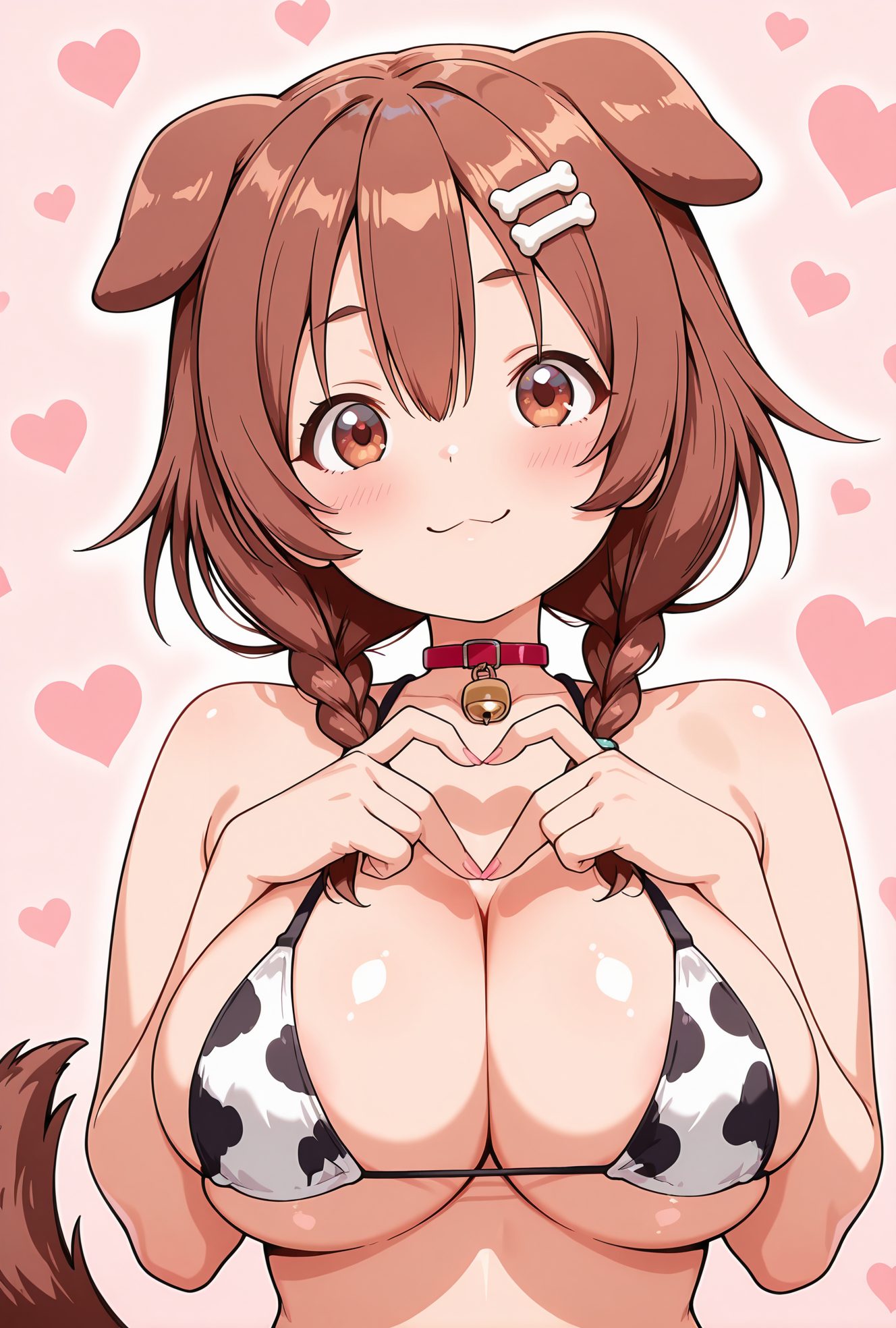 sensitive, questionable, 1girl, solo, long_hair, breasts, looking_at_viewer, blush, smile, bangs, large_breasts, brown_hair, hair_ornament, animal_ears, cleavage, hair_between_eyes, bare_shoulders, brown_eyes, closed_mouth, collarbone, tail, swimsuit, upper_body, braid, heart, bikini, virtual_youtuber, twin_braids, collar, bell, :3, pink_background, animal_print, dog_ears, neck_bell, dog_tail, dog_girl, cow_print, heart_hands, red_collar, animal_collar, heart_background, bone_hair_ornament, inugami_korone, 長い髪, 赤面, 笑顔, 前髪, 大きな胸, 茶髪, 髪飾り, 動物耳, 目にかかる髪, 肩出し, 口閉じ, 鎖骨, 水着, ビキニ, バーチャルYouTuber, ツインブレイド, 牛柄, 戌神ころね