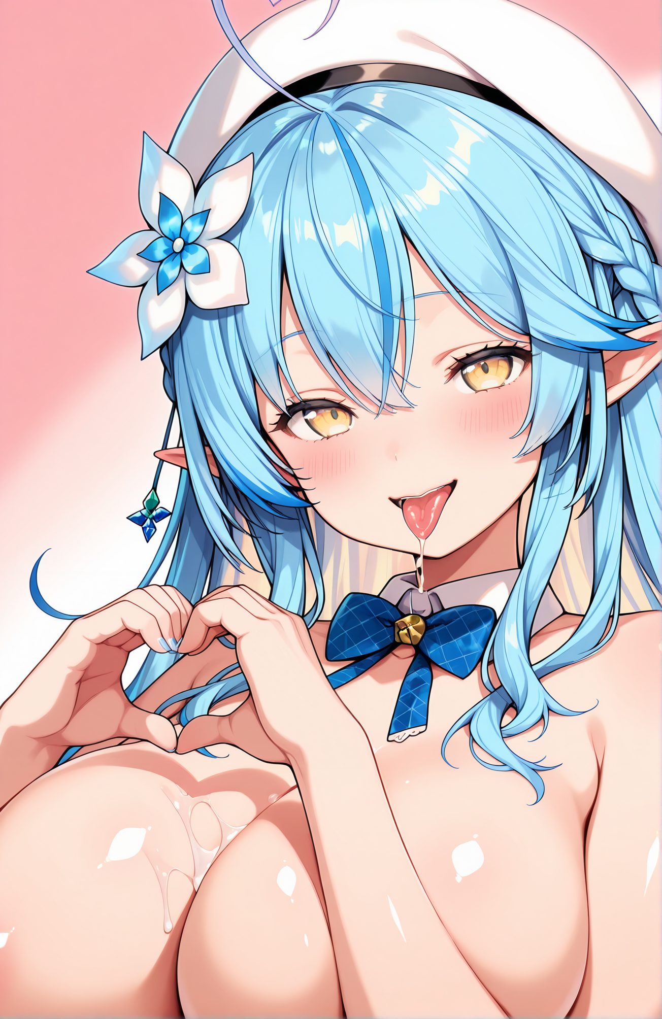 questionable, 1girl, solo, long_hair, breasts, looking_at_viewer, blush, smile, open_mouth, bangs, large_breasts, hair_ornament, hat, bow, cleavage, hair_between_eyes, blue_hair, yellow_eyes, upper_body, braid, flower, ahoge, heart, nude, multicolored_hair, tongue, pointy_ears, virtual_youtuber, hair_flower, tongue_out, bowtie, nail_polish, streaked_hair, saliva, detached_collar, beret, white_headwear, blue_bow, elf, blue_nails, blue_bowtie, saliva_trail, heart_hands, colored_tips, heart_ahoge, plaid_bow, plaid_bowtie, yukihana_lamy, 長い髪, 赤面, 笑顔, 口開き, 前髪, 大きな胸, 髪飾り, 帽子, ボウ, 目にかかる髪, 青髪, アホ毛, 裸, 多色髪, バーチャルYouTuber, 髪の花, 舌出し, よだれ, ベレー帽, 白頭飾, 雪花ラミィ, 雪花ラミィ_posted