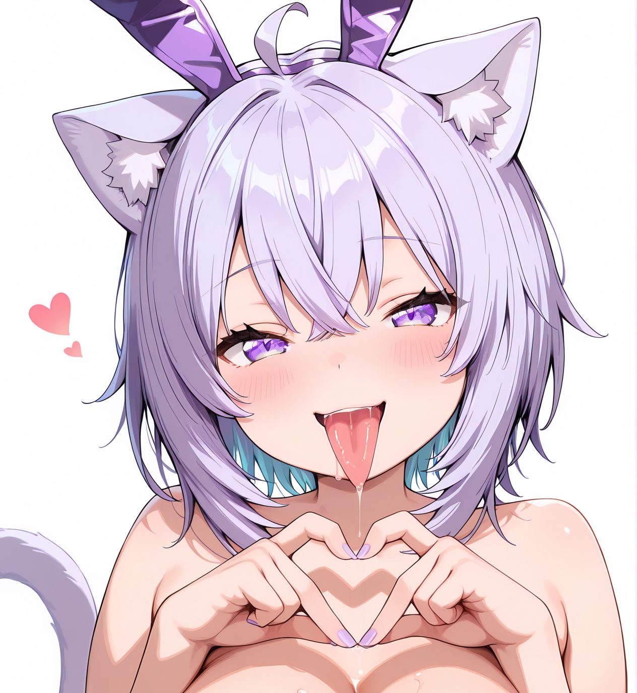 explicit, 1girl, breasts, looking_at_viewer, blush, smile, short_hair, open_mouth, bangs, large_breasts, simple_background, 1boy, white_background, animal_ears, cleavage, hair_between_eyes, bare_shoulders, purple_eyes, tail, purple_hair, ahoge, hetero, heart, multicolored_hair, penis, solo_focus, tongue, virtual_youtuber, cat_ears, tongue_out, nail_polish, rabbit_ears, leotard, cat_tail, animal_ear_fluff, strapless, saliva, fake_animal_ears, fangs, playboy_bunny, cat_girl, paizuri, areola_slip, strapless_leotard, breasts_squeezed_together, crossed_bangs, colored_inner_hair, purple_nails, saliva_trail, heart_hands, purple_leotard, nekomata_okayu, 赤面, 笑顔, 短い髪, 口開き, 前髪, 大きな胸, 動物耳, 目にかかる髪, 肩出し, 紫髪, アホ毛, 多色髪, バーチャルYouTuber, 舌出し, うさ耳, レオタード, よだれ, 偽動物耳, プレイボーイバニー, パイズリ, ストラップレスレオタード, 猫又おかゆ