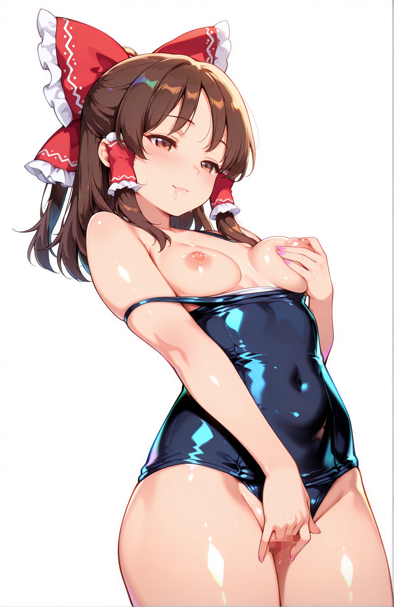 explicit, 1girl, solo, breasts, blush, bangs, simple_background, brown_hair, white_background, bow, bare_shoulders, brown_eyes, medium_breasts, nipples, swimsuit, hair_bow, sidelocks, thighs, cowboy_shot, frills, shiny, medium_hair, red_bow, one-piece_swimsuit, shiny_skin, covered_navel, hair_tubes, clothes_pull, school_swimsuit, breasts_out, pink_nails, masturbation, fingering, female_masturbation, blue_one-piece_swimsuit, grabbing_own_breast, frilled_bow, one-piece_swimsuit_pull, hakurei_reimu, 赤面, 前髪, 茶髪, ボウ, 肩出し, 中くらいの胸, 乳首, 水着, 髪ボウ, サイドロック, 光沢, 赤リボン, ワンピース水着, 光沢肌, 学校水着, 胸出し, オナニー, フィンガリング, 女性オナニー, 博麗霊夢