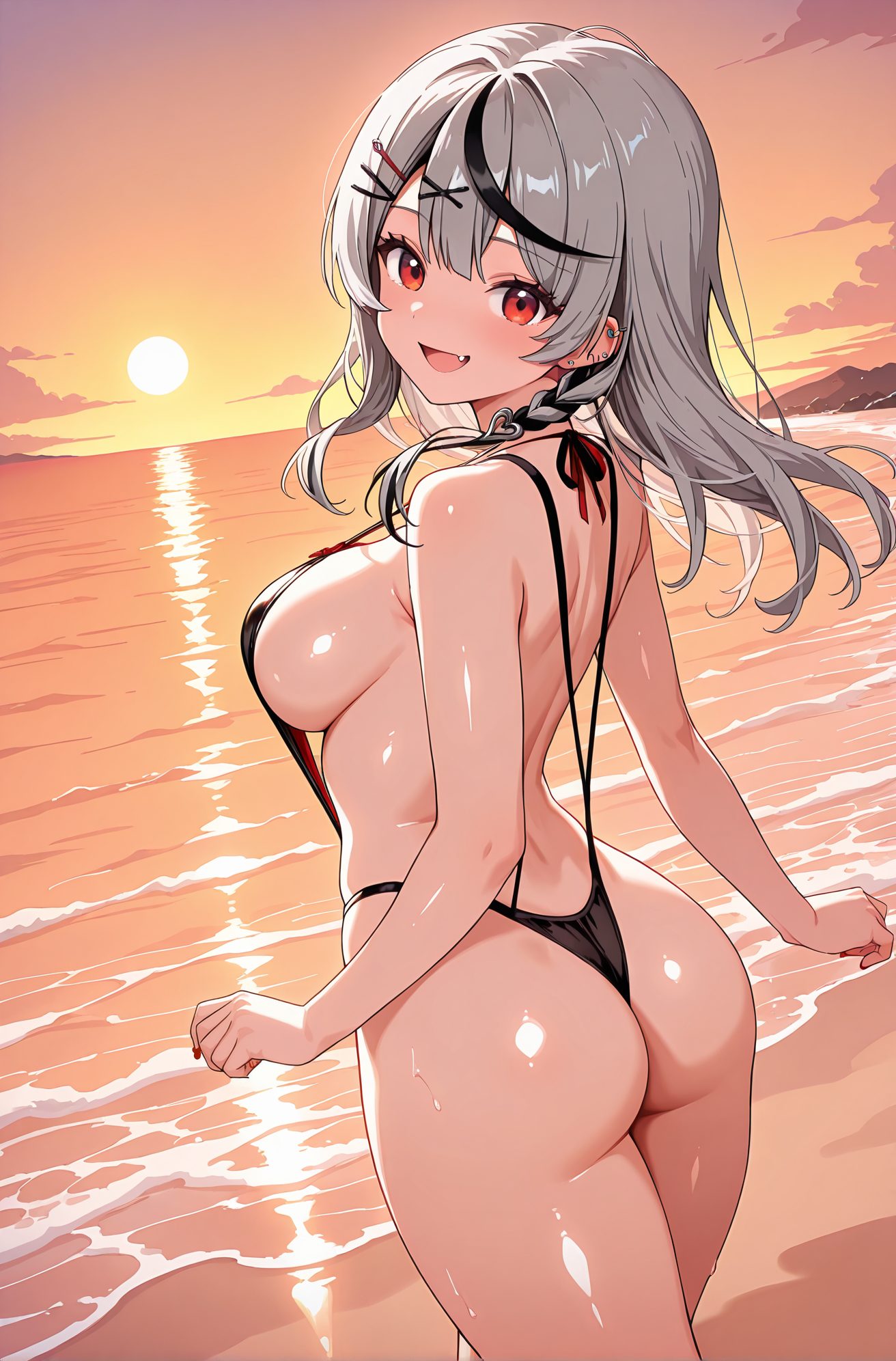 sensitive, 1girl, solo, long_hair, breasts, looking_at_viewer, blush, smile, open_mouth, bangs, large_breasts, black_hair, hair_ornament, red_eyes, bare_shoulders, swimsuit, ass, braid, :d, grey_hair, thighs, multicolored_hair, outdoors, sky, hairclip, fang, shiny, looking_back, virtual_youtuber, water, from_behind, nail_polish, streaked_hair, wet, one-piece_swimsuit, shiny_skin, bare_arms, sideboob, ocean, back, beach, piercing, x_hair_ornament, ear_piercing, red_nails, sunset, black_one-piece_swimsuit, strap_gap, shoulder_blades, slingshot_swimsuit, sakamata_chloe, 長い髪, 赤面, 笑顔, 口開き, 前髪, 大きな胸, 黒髪, 髪飾り, 赤い目, 肩出し, 水着, 灰髪, 多色髪, ヘアクリップ, 光沢, バーチャルYouTuber, ワンピース水着, 光沢肌, 沙花叉クロヱ, Posted