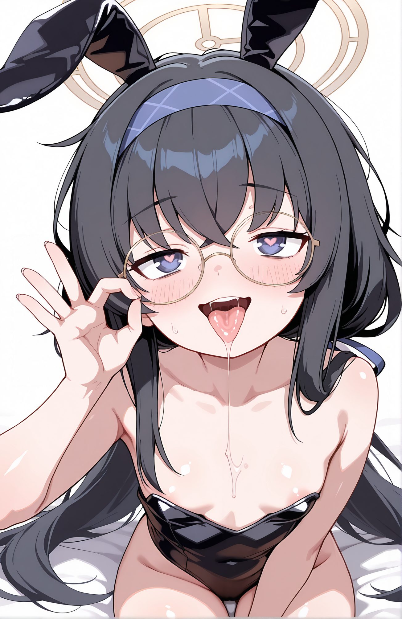 questionable, 1girl, solo, long_hair, breasts, looking_at_viewer, blush, open_mouth, bangs, blue_eyes, simple_background, black_hair, white_background, animal_ears, bare_shoulders, twintails, sitting, very_long_hair, collarbone, heart, sweat, hairband, small_breasts, glasses, tongue, tongue_out, rabbit_ears, leotard, symbol-shaped_pupils, strapless, saliva, covered_navel, fake_animal_ears, low_twintails, halo, heart-shaped_pupils, playboy_bunny, drooling, black_leotard, areola_slip, strapless_leotard, round_eyewear, saliva_trail, adjusting_eyewear, blue_hairband, fellatio_gesture, oral_invitation, ui_(blue_archive), 長い髪, 赤面, 口開き, 前髪, 青い目, 黒髪, 動物耳, 肩出し, ツインテール, 座り, とても長い髪, 鎖骨, 汗, ヘアバンド, 小さな胸, 舌出し, うさ耳, レオタード, よだれ, 偽動物耳, ローツインテール, ハート目, プレイボーイバニー, 黒レオタード, ストラップレスレオタード, ウイ（ブルーアーカイブ）