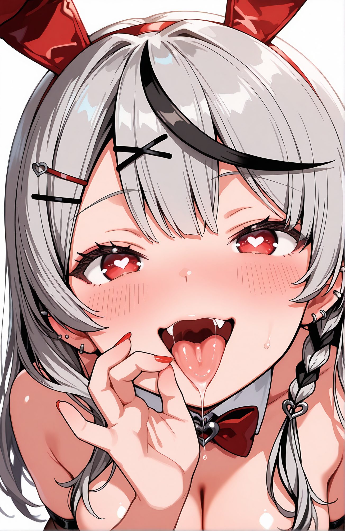 questionable, 1girl, solo, long_hair, breasts, looking_at_viewer, blush, smile, open_mouth, bangs, large_breasts, simple_background, black_hair, hair_ornament, red_eyes, white_background, bow, animal_ears, cleavage, bare_shoulders, braid, grey_hair, heart, multicolored_hair, hairband, earrings, tongue, hairclip, virtual_youtuber, tongue_out, bowtie, nail_polish, rabbit_ears, red_bow, streaked_hair, symbol-shaped_pupils, saliva, detached_collar, fake_animal_ears, heart-shaped_pupils, piercing, playboy_bunny, x_hair_ornament, ear_piercing, red_nails, black_collar, fellatio_gesture, oral_invitation, sakamata_chloe, 長い髪, 赤面, 笑顔, 口開き, 前髪, 大きな胸, 黒髪, 髪飾り, 赤い目, ボウ, 動物耳, 肩出し, 灰髪, 多色髪, ヘアバンド, イヤリング, ヘアクリップ, バーチャルYouTuber, 舌出し, うさ耳, 赤リボン, よだれ, 偽動物耳, ハート目, プレイボーイバニー, 沙花叉クロヱ