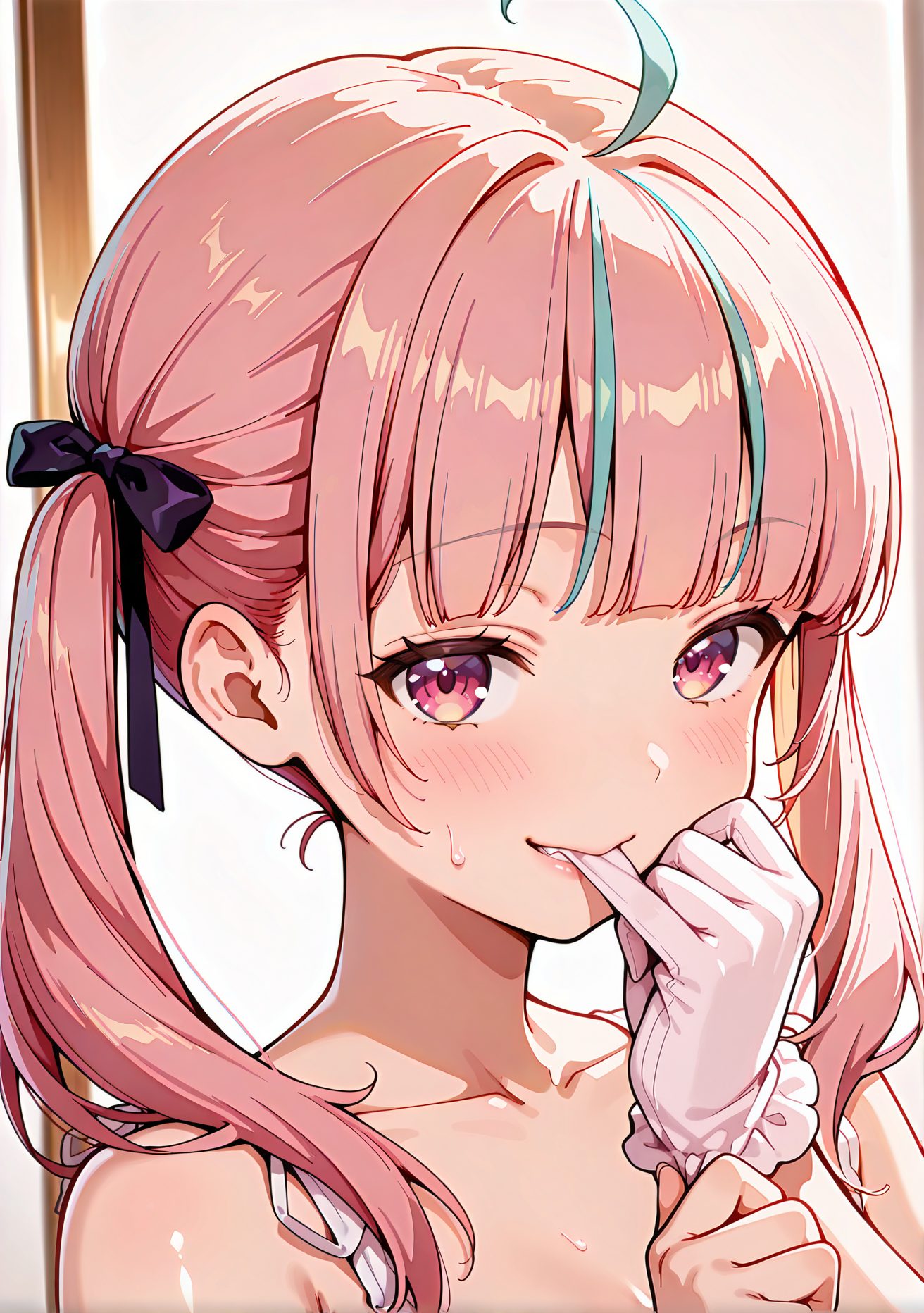sensitive, 1girl, solo, long_hair, looking_at_viewer, blush, smile, bangs, gloves, bow, ribbon, bare_shoulders, twintails, blue_hair, collarbone, hair_ribbon, upper_body, pink_hair, ahoge, hair_bow, multicolored_hair, sweat, virtual_youtuber, white_gloves, blunt_bangs, pink_eyes, streaked_hair, black_ribbon, black_bow, portrait, biting, glove_biting, minato_aqua, 長い髪, 赤面, 笑顔, 前髪, 手袋, ボウ, リボン, 肩出し, ツインテール, 青髪, 鎖骨, 髪リボン, ピンク髪, アホ毛, 髪ボウ, 多色髪, 汗, バーチャルYouTuber, みなとあくあ, 湊あくあ_posted