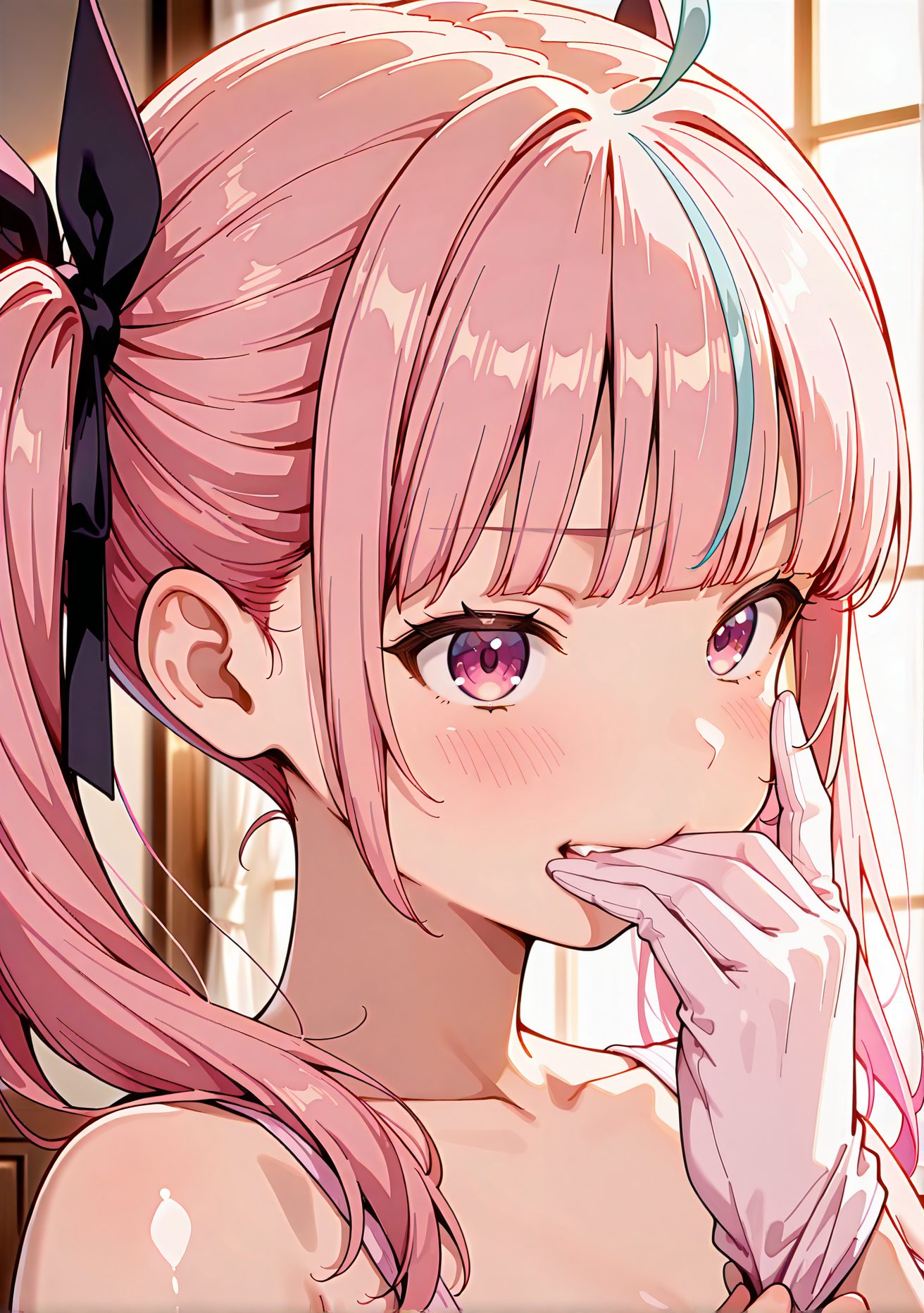 sensitive, 1girl, solo, long_hair, blush, smile, bangs, gloves, bow, ribbon, bare_shoulders, twintails, blue_hair, collarbone, hair_ribbon, upper_body, pink_hair, ahoge, hair_bow, sidelocks, multicolored_hair, fang, indoors, virtual_youtuber, white_gloves, pink_eyes, streaked_hair, window, black_ribbon, portrait, biting, adjusting_gloves, glove_biting, minato_aqua, 長い髪, 赤面, 笑顔, 前髪, 手袋, ボウ, リボン, 肩出し, ツインテール, 青髪, 鎖骨, 髪リボン, ピンク髪, アホ毛, 髪ボウ, サイドロック, 多色髪, バーチャルYouTuber, みなとあくあ