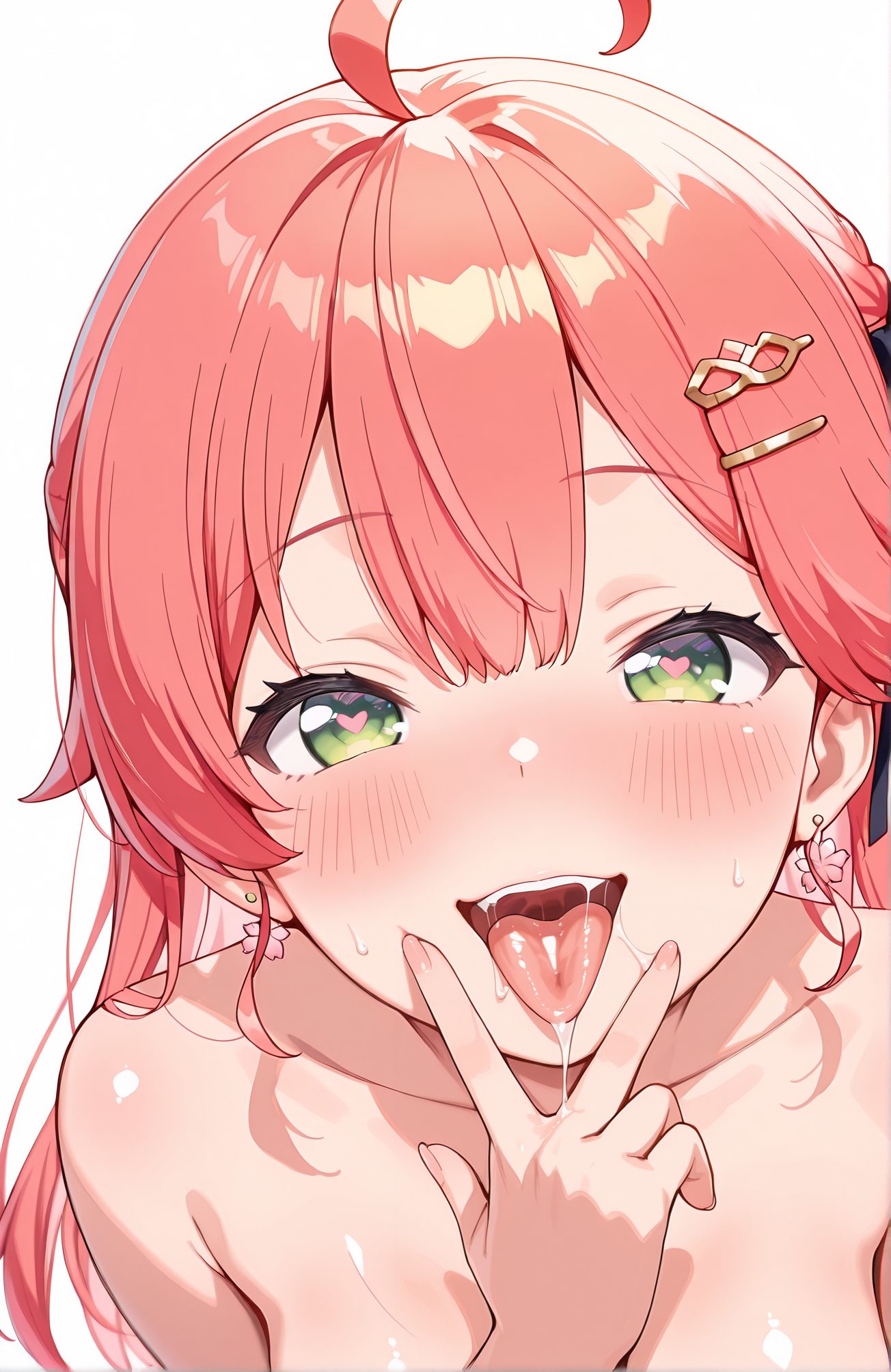 questionable, 1girl, solo, long_hair, breasts, looking_at_viewer, blush, smile, open_mouth, bangs, simple_background, hair_ornament, white_background, jewelry, green_eyes, collarbone, upper_body, pink_hair, ahoge, heart, nude, red_hair, sweat, earrings, teeth, tongue, hairclip, virtual_youtuber, tongue_out, symbol-shaped_pupils, v, saliva, heart-shaped_pupils, sakura_miko, 長い髪, 赤面, 笑顔, 口開き, 前髪, 髪飾り, ジュエリー, 緑の目, 鎖骨, ピンク髪, アホ毛, 裸, 赤髪, 汗, イヤリング, ヘアクリップ, バーチャルYouTuber, 舌出し, よだれ, ハート目, さくらみこ