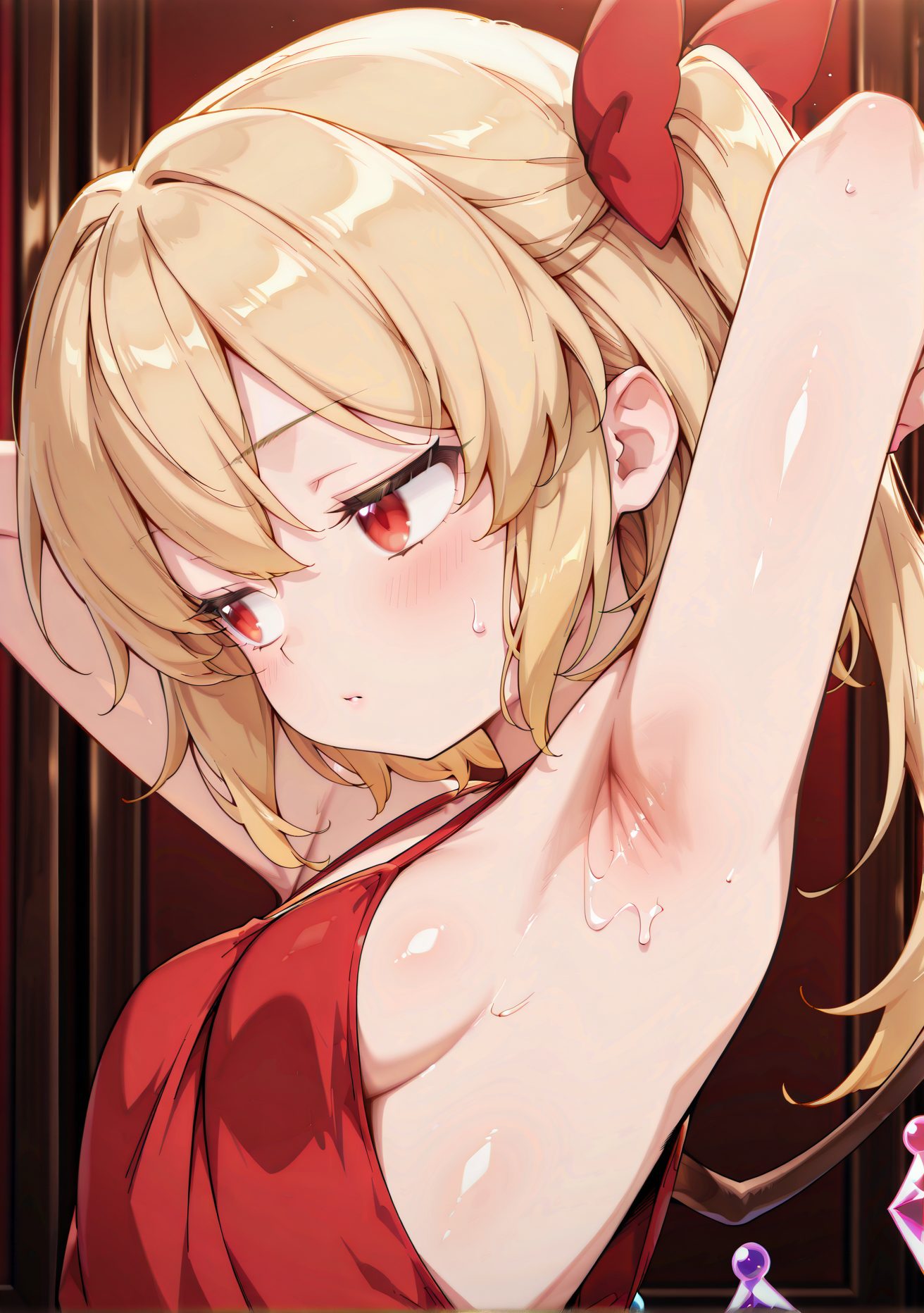 sensitive, 1girl, solo, breasts, blush, bangs, blonde_hair, red_eyes, bow, hair_between_eyes, closed_mouth, upper_body, hair_bow, sweat, small_breasts, wings, shiny, indoors, armpits, red_bow, arms_up, sideboob, one_side_up, red_dress, arms_behind_head, no_headwear, crystal, flandre_scarlet, 赤面, 前髪, 金髪, 赤い目, ボウ, 目にかかる髪, 口閉じ, 髪ボウ, 汗, 小さな胸, 光沢, 赤リボン, 片側アップ, フランドール・スカーレット, フランドール_posted
