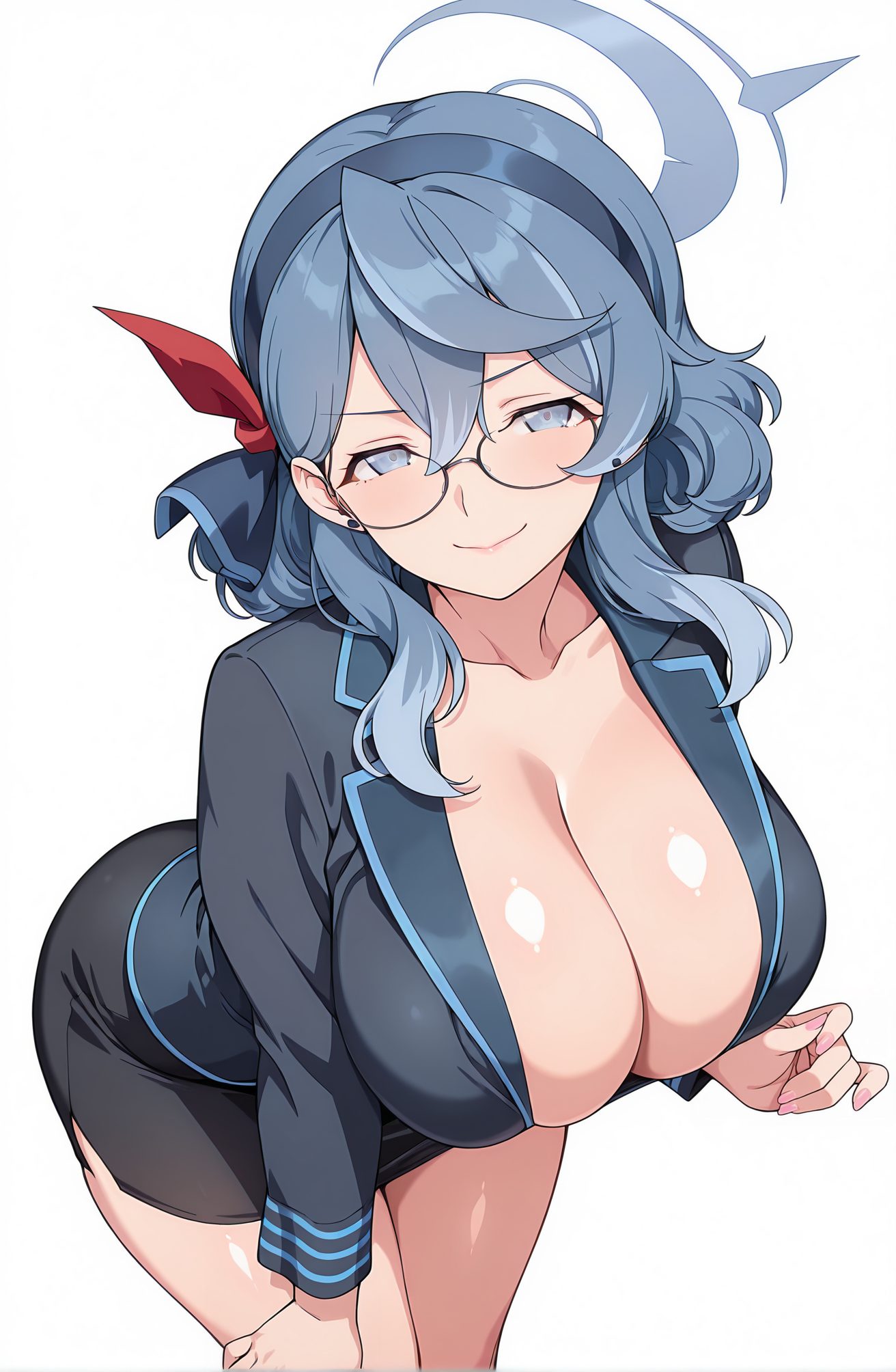 sensitive, 1girl, solo, long_hair, breasts, looking_at_viewer, blush, smile, bangs, blue_eyes, skirt, large_breasts, simple_background, long_sleeves, white_background, ribbon, cleavage, hair_between_eyes, jewelry, closed_mouth, blue_hair, collarbone, jacket, hair_ribbon, thighs, hairband, earrings, glasses, miniskirt, black_skirt, huge_breasts, leaning_forward, halo, blue_jacket, pencil_skirt, stud_earrings, blue_hairband, ako_(blue_archive), 長い髪, 赤面, 笑顔, 前髪, 青い目, スカート, 大きな胸, リボン, 目にかかる髪, ジュエリー, 口閉じ, 青髪, 鎖骨, 髪リボン, ヘアバンド, イヤリング, ミニスカート, 巨大な胸, ペンシルスカート, アコ（ブルーアーカイブ）