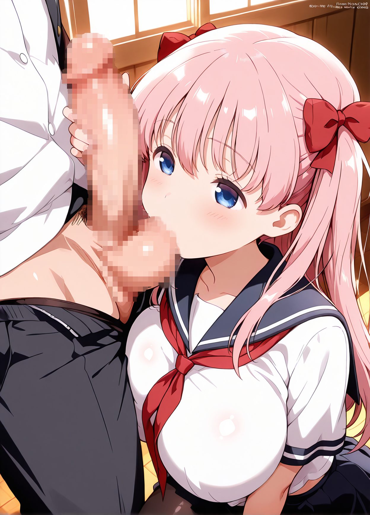 explicit, 1girl, long_hair, breasts, blush, blue_eyes, skirt, large_breasts, shirt, 1boy, bow, twintails, school_uniform, white_shirt, pink_hair, short_sleeves, hetero, hair_bow, pantyhose, pleated_skirt, penis, serafuku, solo_focus, indoors, sailor_collar, red_bow, covered_nipples, two_side_up, neckerchief, pubic_hair, saliva, uncensored, erection, oral, testicles, fellatio, male_pubic_hair, red_neckerchief, veins, veiny_penis, caressing_testicles, haramura_nodoka, 赤面, 制服, ツインテール, パンスト, セーラー服, ちんこ, 巨乳, スカート, フェラ, よだれ, Tシャツ, 咲-Saki-, 長い髪, 青い目, 大きな胸, シャツ, ボウ, 学校制服, 白シャツ, ピンク髪, 髪ボウ, 赤リボン, 両側アップ, 無修正, オーラル, フェラチオ, 原村和, 原村和_posted, Posted