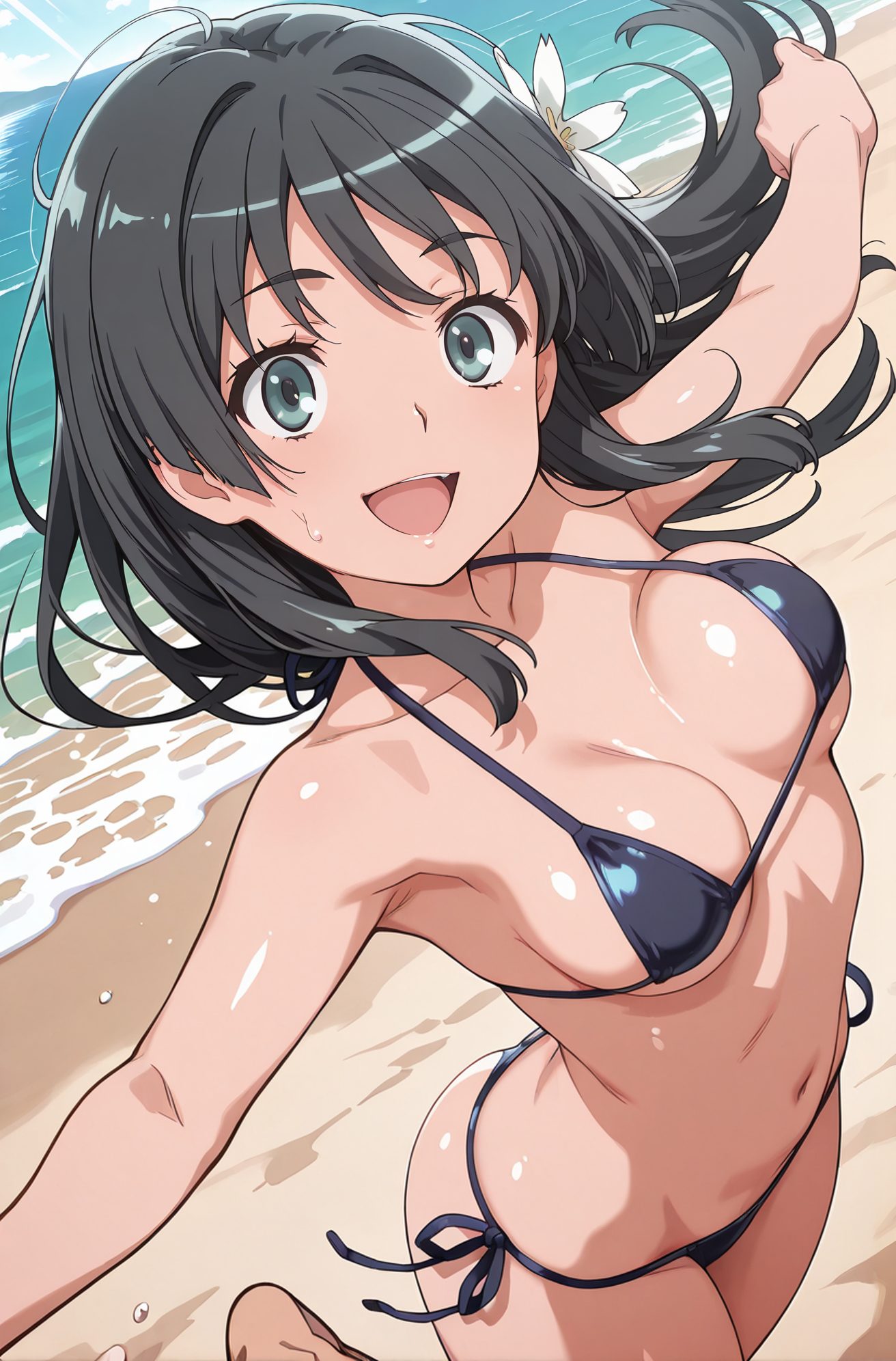 sensitive, 1girl, solo, long_hair, breasts, looking_at_viewer, smile, open_mouth, bangs, black_hair, hair_ornament, navel, cleavage, medium_breasts, green_eyes, collarbone, swimsuit, flower, :d, bikini, outdoors, barefoot, teeth, day, shiny, hair_flower, water, shiny_skin, black_bikini, side-tie_bikini_bottom, ocean, halterneck, beach, white_flower, string_bikini, micro_bikini, sand, saten_ruiko, 長い髪, 笑顔, 口開き, 前髪, 黒髪, 髪飾り, 中くらいの胸, 緑の目, 鎖骨, 水着, ビキニ, 光沢, 髪の花, 光沢肌, ストリングビキニ, マイクロビキニ, 佐天涙子