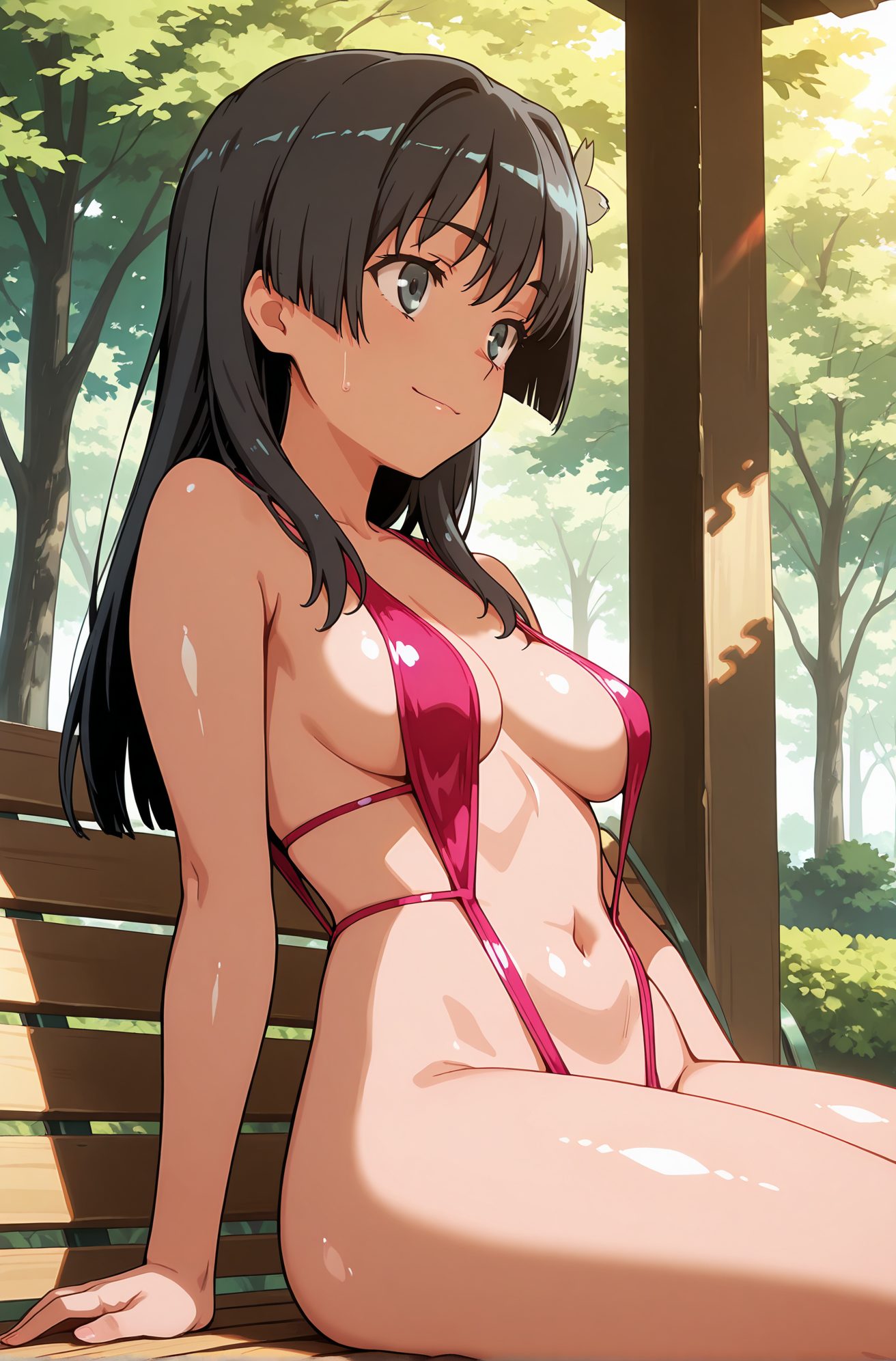 sensitive, questionable, 1girl, solo, long_hair, breasts, smile, bangs, black_hair, hair_ornament, navel, bare_shoulders, medium_breasts, sitting, closed_mouth, green_eyes, collarbone, swimsuit, flower, thighs, sweat, outdoors, day, shiny, hair_flower, stomach, tree, one-piece_swimsuit, shiny_skin, bare_arms, tan, tanlines, strap_gap, bench, one-piece_tan, slingshot_swimsuit, red_one-piece_swimsuit, pink_one-piece_swimsuit, saten_ruiko, 長い髪, 笑顔, 前髪, 黒髪, 髪飾り, 肩出し, 中くらいの胸, 座り, 口閉じ, 緑の目, 鎖骨, 水着, 汗, 光沢, 髪の花, ワンピース水着, 光沢肌, 日焼け, 日焼け跡, 一枚水着の日焼け, 佐天涙子