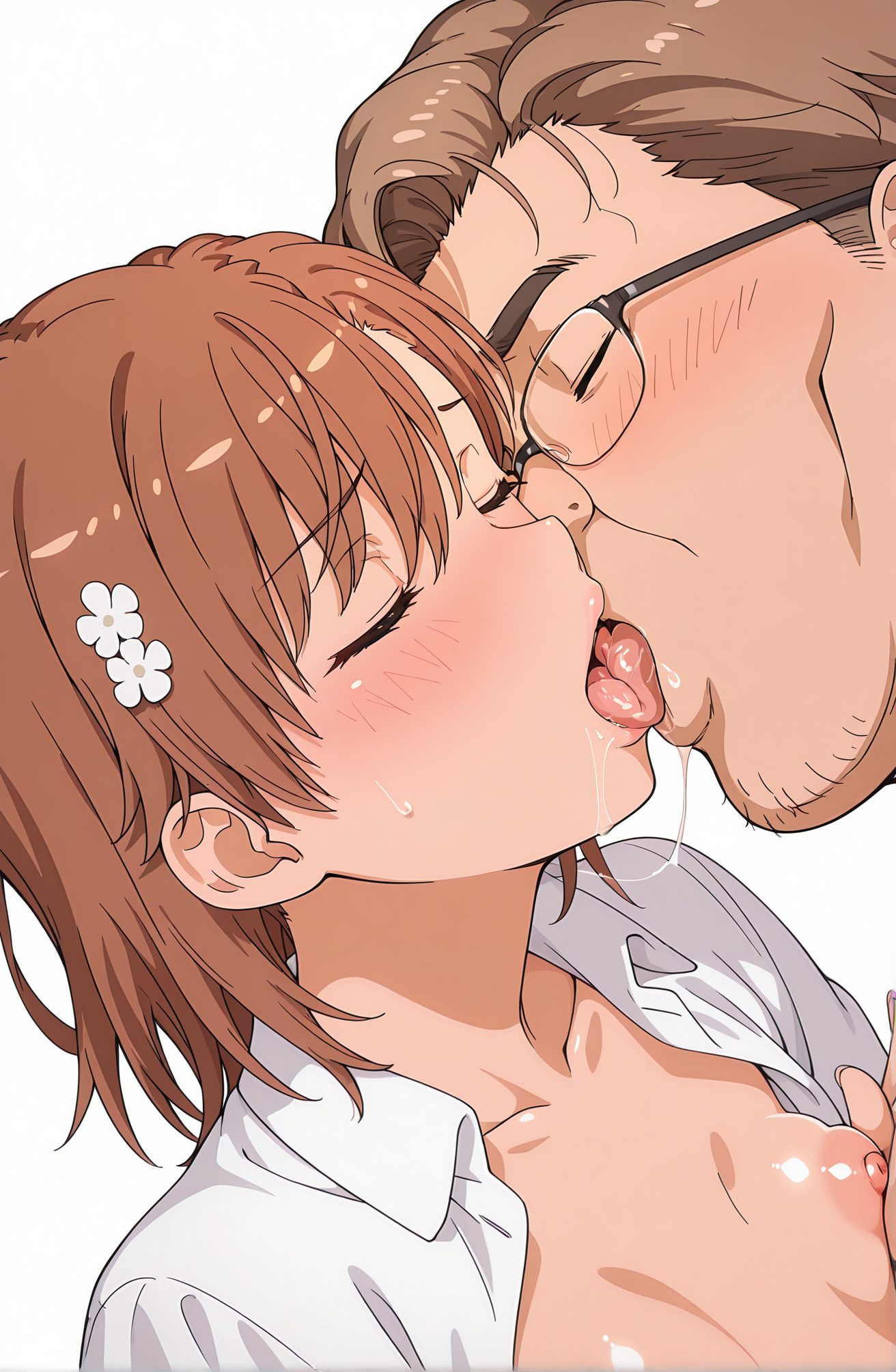 questionable, 1girl, breasts, blush, short_hair, open_mouth, bangs, simple_background, brown_hair, shirt, hair_ornament, 1boy, white_background, nipples, collarbone, closed_eyes, white_shirt, upper_body, flower, hetero, small_breasts, open_clothes, glasses, tongue, hair_flower, tongue_out, open_shirt, saliva, facial_hair, kiss, french_kiss, ugly_man, misaka_mikoto, 赤面, 短い髪, 口開き, 前髪, 茶髪, シャツ, 髪飾り, 乳首, 鎖骨, 白シャツ, 小さな胸, 衣服開く, 髪の花, 舌出し, シャツ開く, よだれ, 御坂美琴