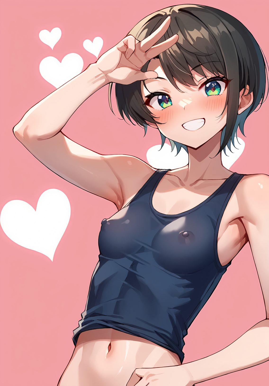 1girl, solo, breasts, covered nipples, oozora subaru, short hair, smile, virtual youtuber, bangs, swept bangs, navel, looking at viewer, blush, grin, collarbone, heart, armpits, black hair, v, arm up, tank top, upper body, simple background, aqua eyes, see-through, bare shoulders, brown hair, teeth, medium breasts, stomach, green eyes, pink background, 赤面, 笑顔, 黒髪, 乳首チラ, タンクトップ, スポーツウェア, 濡れ透け, ぱっつん, ショートカット, 透け, 大空スバル, ホロライブ, 短い髪, バーチャルYouTuber, 前髪, 鎖骨, 肩出し, 茶髪, 中くらいの胸, 緑の目