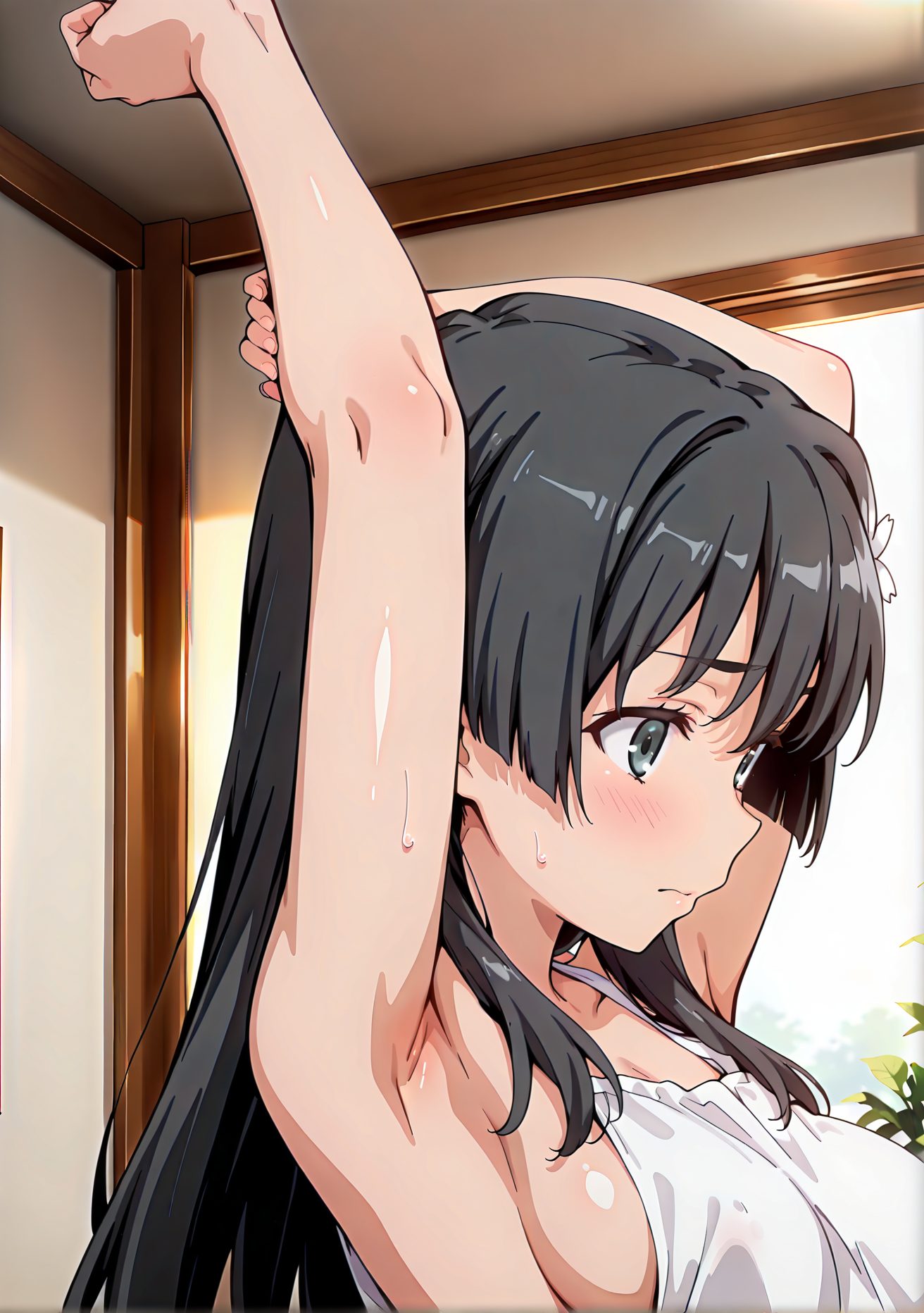 sensitive, questionable, 1girl, solo, long_hair, breasts, blush, bangs, black_hair, hair_ornament, medium_breasts, closed_mouth, green_eyes, collarbone, upper_body, flower, sweat, shiny, indoors, hair_flower, armpits, apron, arms_up, covered_nipples, shiny_skin, sideboob, stretching, naked_apron, saten_ruiko, 長い髪, 赤面, 前髪, 黒髪, 髪飾り, 中くらいの胸, 口閉じ, 緑の目, 鎖骨, 汗, 光沢, 髪の花, 光沢肌, 佐天涙子