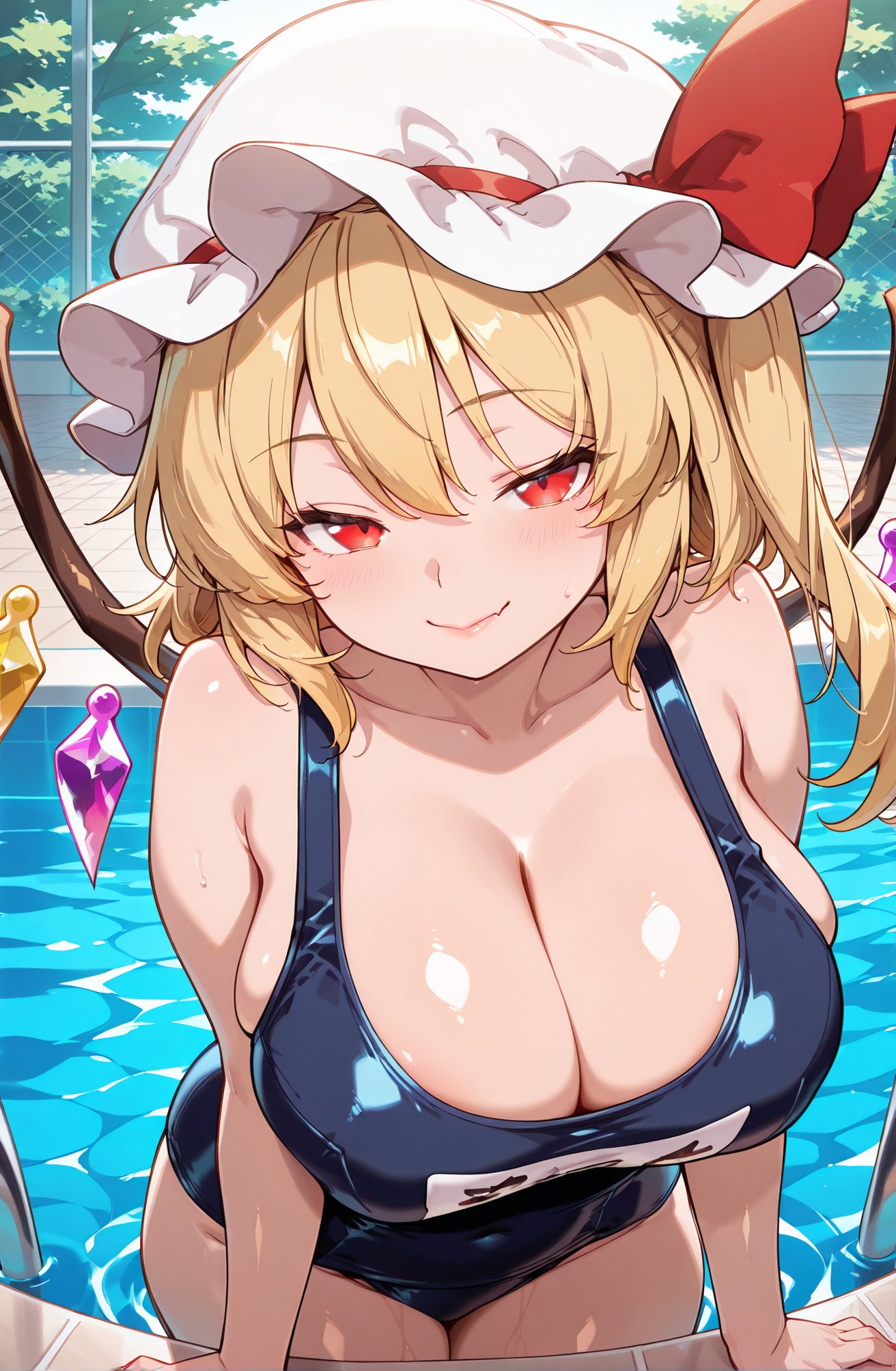 sensitive, 1girl, solo, breasts, looking_at_viewer, blush, smile, bangs, blonde_hair, large_breasts, red_eyes, hat, ribbon, cleavage, hair_between_eyes, bare_shoulders, closed_mouth, collarbone, swimsuit, outdoors, wings, day, shiny, medium_hair, water, red_ribbon, wet, one-piece_swimsuit, covered_navel, white_headwear, one_side_up, school_swimsuit, mob_cap, hat_ribbon, alternate_breast_size, shiny_clothes, aged_up, blue_one-piece_swimsuit, crystal, pool, poolside, flandre_scarlet, 赤面, 笑顔, 前髪, 金髪, 大きな胸, 赤い目, 帽子, リボン, 目にかかる髪, 肩出し, 口閉じ, 鎖骨, 水着, 光沢, 赤リボン, ワンピース水着, 白頭飾, 片側アップ, 学校水着, モブキャップ, 帽子リボン, フランドール・スカーレット