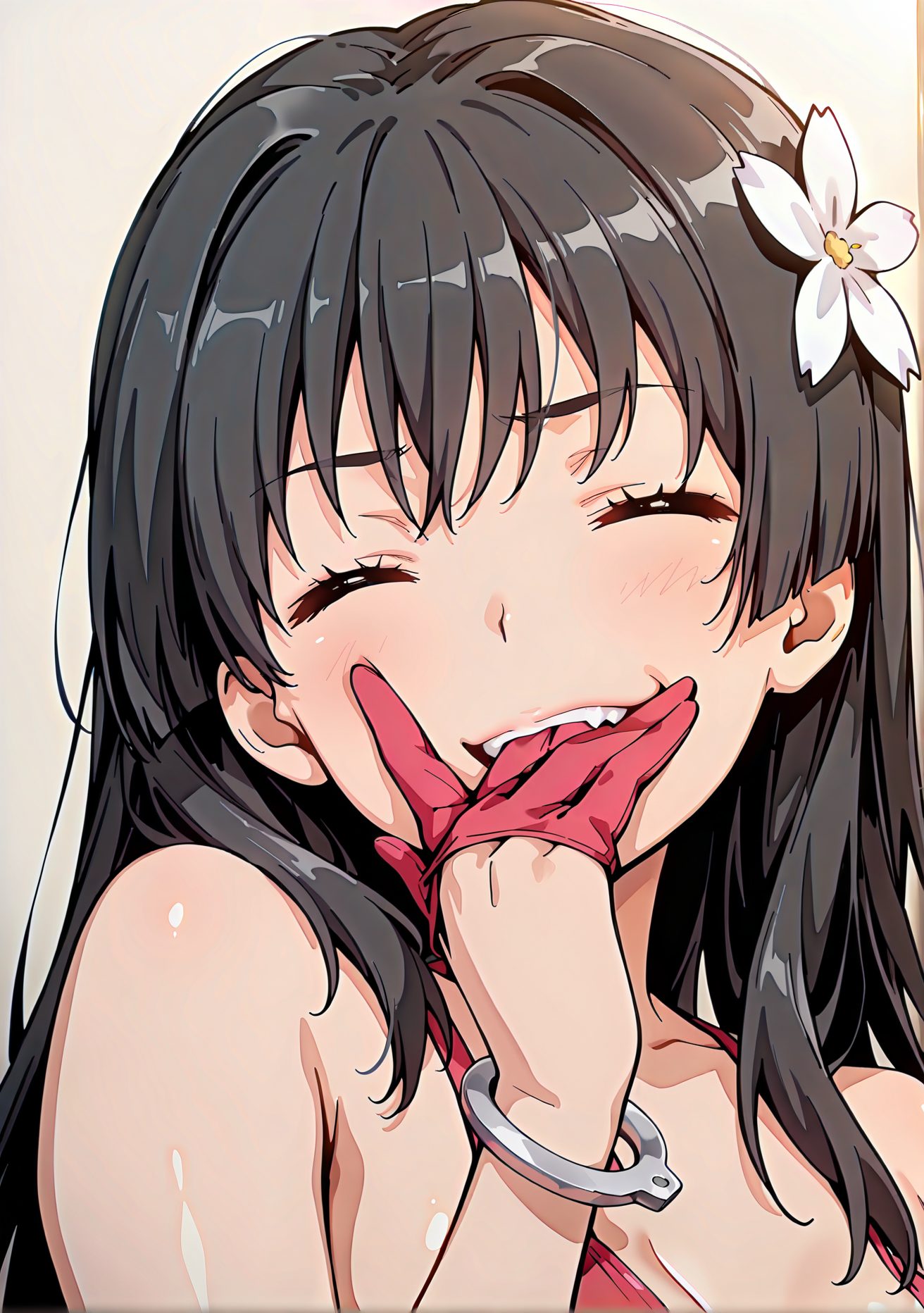 sensitive, 1girl, solo, long_hair, breasts, blush, smile, bangs, black_hair, hair_ornament, gloves, cleavage, bare_shoulders, jewelry, medium_breasts, swimsuit, closed_eyes, upper_body, flower, bikini, teeth, shiny, hair_flower, ^_^, fangs, mouth_hold, facing_viewer, red_gloves, cuffs, biting, handcuffs, glove_biting, saten_ruiko, 八重歯, 手袋, 水着, 胸チラ, ぱっつん, 長い髪, 赤面, 笑顔, 前髪, 黒髪, 髪飾り, 肩出し, ジュエリー, 中くらいの胸, ビキニ, 光沢, 髪の花, 佐天涙子