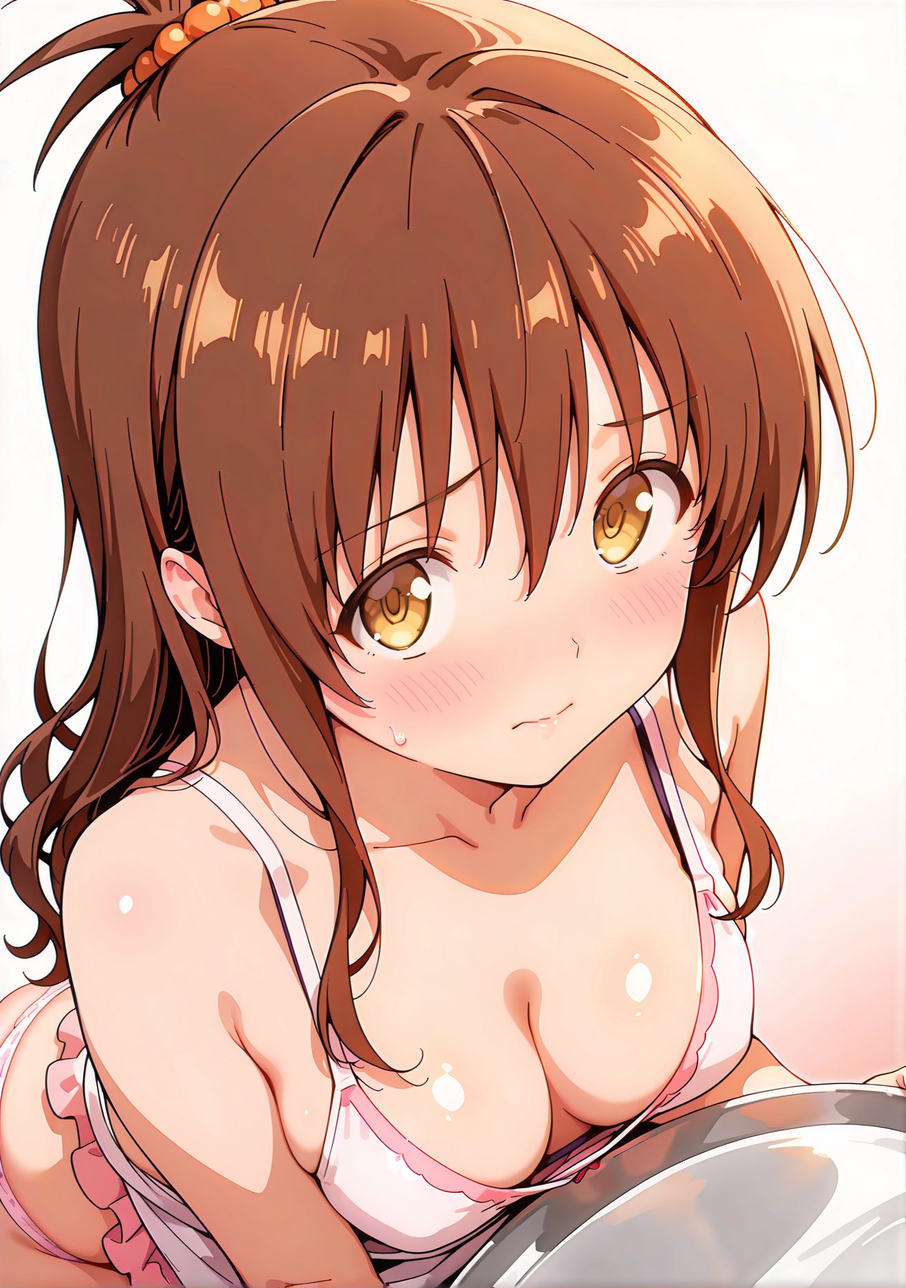 sensitive, questionable, 1girl, solo, long_hair, breasts, looking_at_viewer, blush, bangs, brown_hair, hair_ornament, cleavage, hair_between_eyes, bare_shoulders, brown_eyes, medium_breasts, closed_mouth, underwear, collarbone, panties, yellow_eyes, sidelocks, sweat, shiny, sweatdrop, shiny_skin, scrunchie, underwear_only, pink_panties, camisole, hair_scrunchie, pink_bra, downblouse, yuuki_mikan, パンツ, 下着, 胸チラ, 汗, ぱっつん, 長い髪, 赤面, 前髪, 茶髪, 髪飾り, 目にかかる髪, 肩出し, 中くらいの胸, 口閉じ, 鎖骨, サイドロック, 光沢, 汗滴, 光沢肌, キャミソール, ヘアシュシュ, 結城美柑