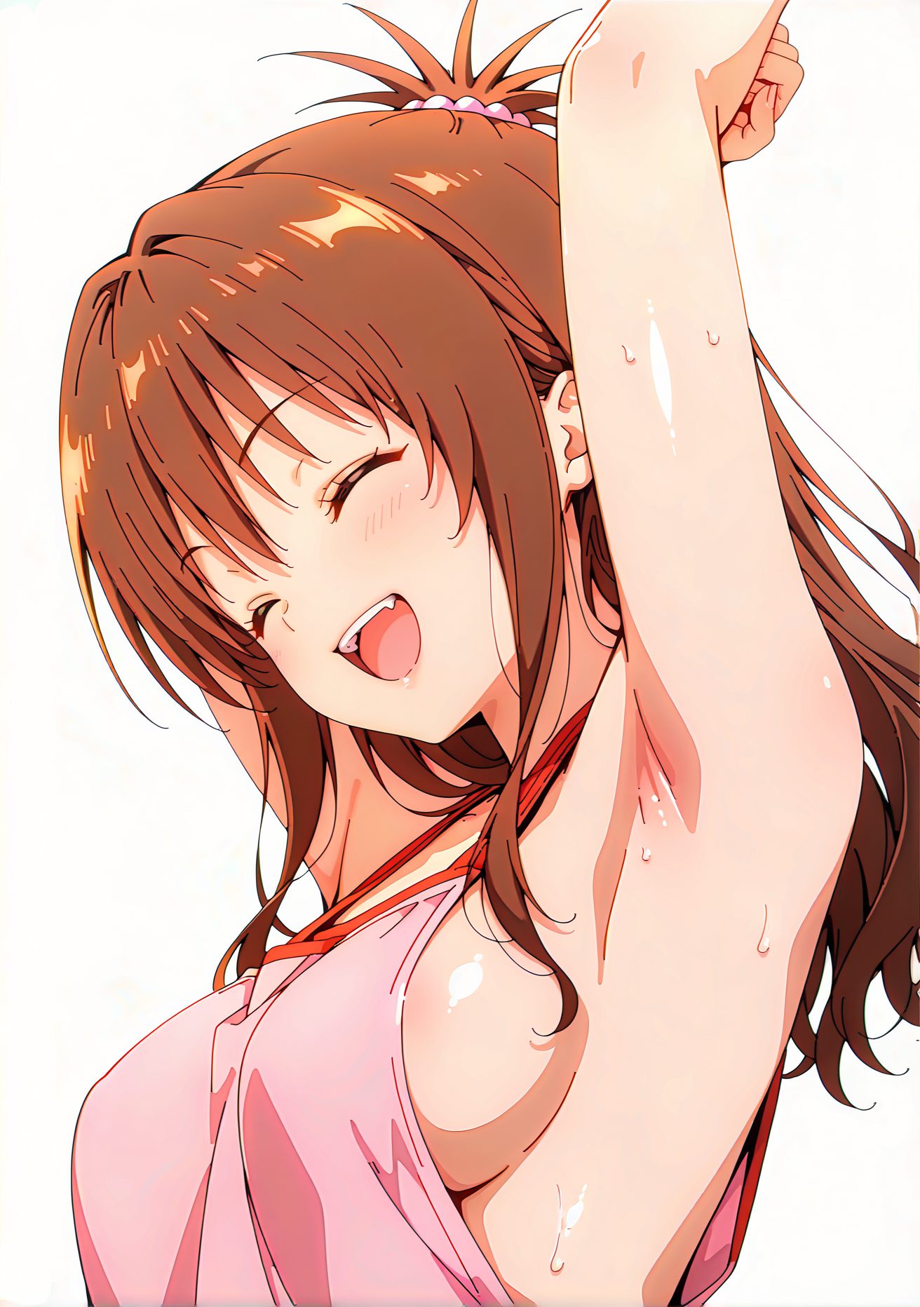 sensitive, 1girl, solo, long_hair, breasts, blush, smile, open_mouth, bangs, simple_background, brown_hair, hair_ornament, white_background, medium_breasts, closed_eyes, upper_body, :d, sweat, shiny, armpits, apron, arms_up, sideboob, ^_^, topknot, yuuki_mikan, 横乳, 汗, ぱっつん, 長い髪, 赤面, 笑顔, 口開き, 前髪, 茶髪, 髪飾り, 中くらいの胸, 光沢, 結城美柑