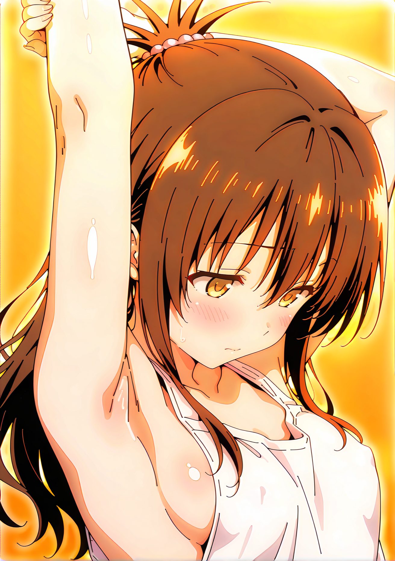 sensitive, questionable, 1girl, solo, long_hair, breasts, blush, bangs, brown_hair, hair_ornament, brown_eyes, medium_breasts, closed_mouth, collarbone, upper_body, small_breasts, shiny, armpits, arms_up, covered_nipples, sideboob, tank_top, yuuki_mikan, 横乳, ぱっつん, 貧乳, 長い髪, 赤面, 前髪, 茶髪, 髪飾り, 中くらいの胸, 口閉じ, 鎖骨, 小さな胸, 光沢, タンクトップ, 結城美柑